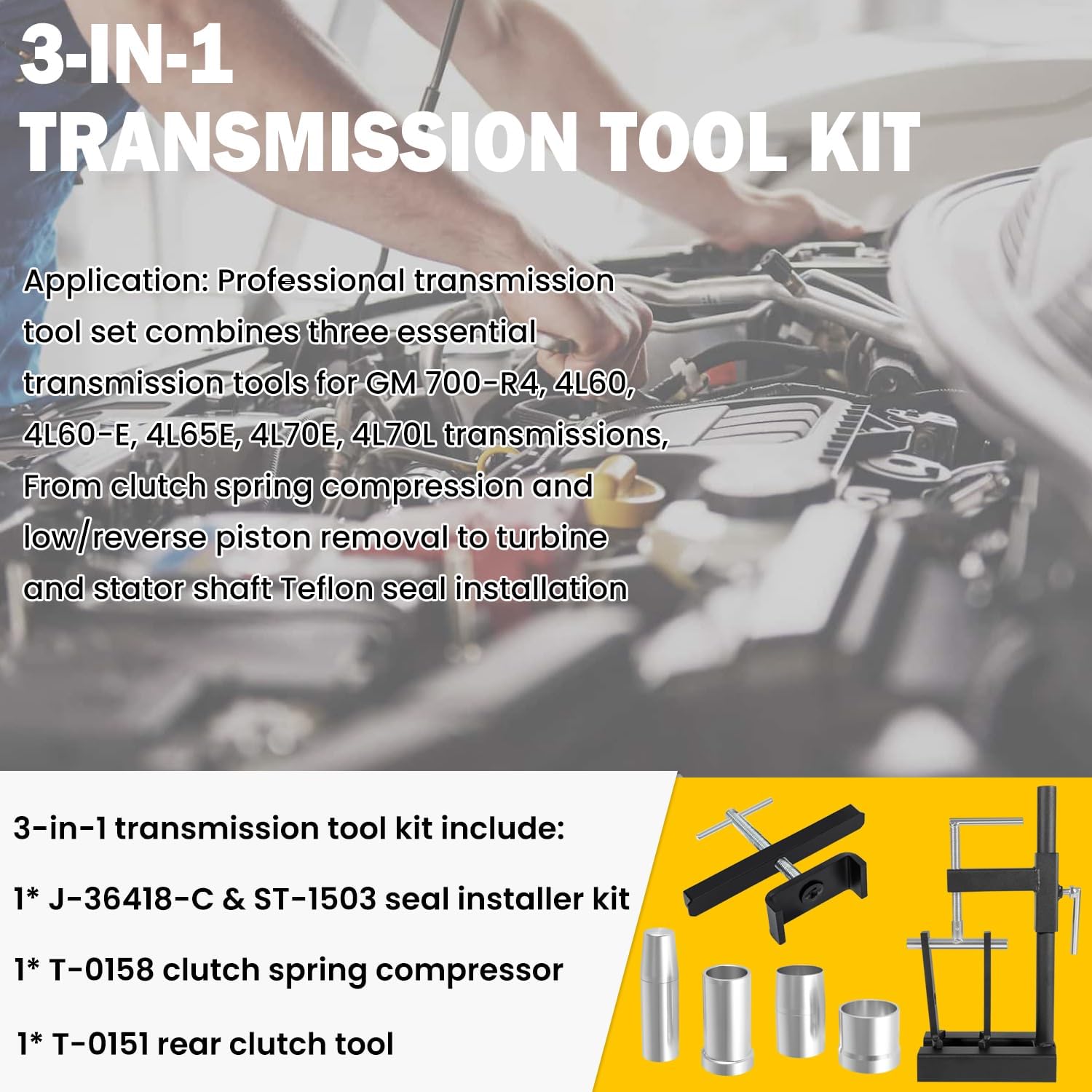 T-0158 Universal Clutch Drum Spring Compressor, J-36418-C & ST-1503 Teflon Seal Installer Resizer Kit, T-0151 Rear Clutch Spring Compressor for GM 4L60E 4L65E 700R4 4T80-E