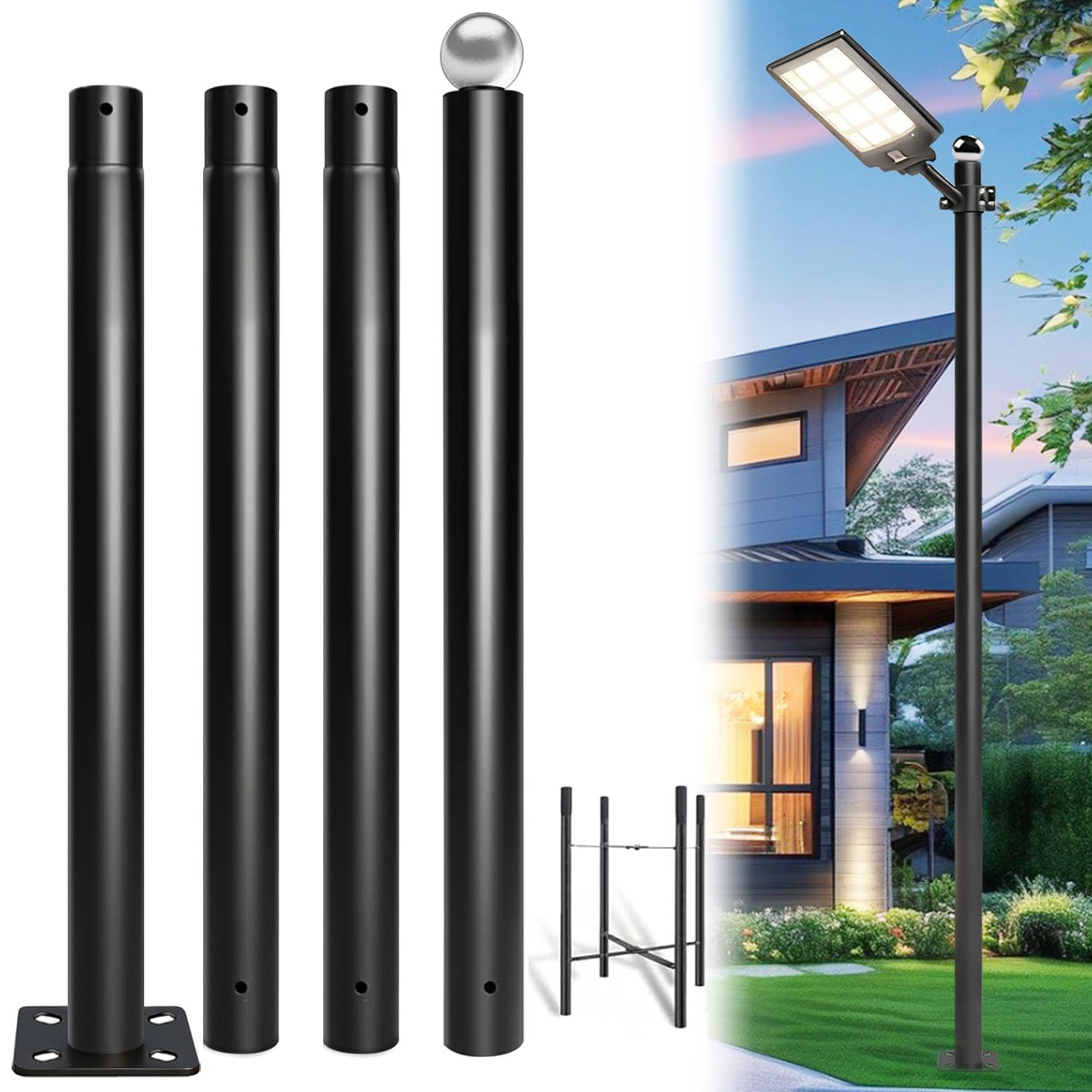Street Light Pole 13Ft, Heavy Duty Metal Outdoor Light Post for Solar Street Lights, Rust-proof Galvanized Steel Pole with Mounting Rebar Cage Base