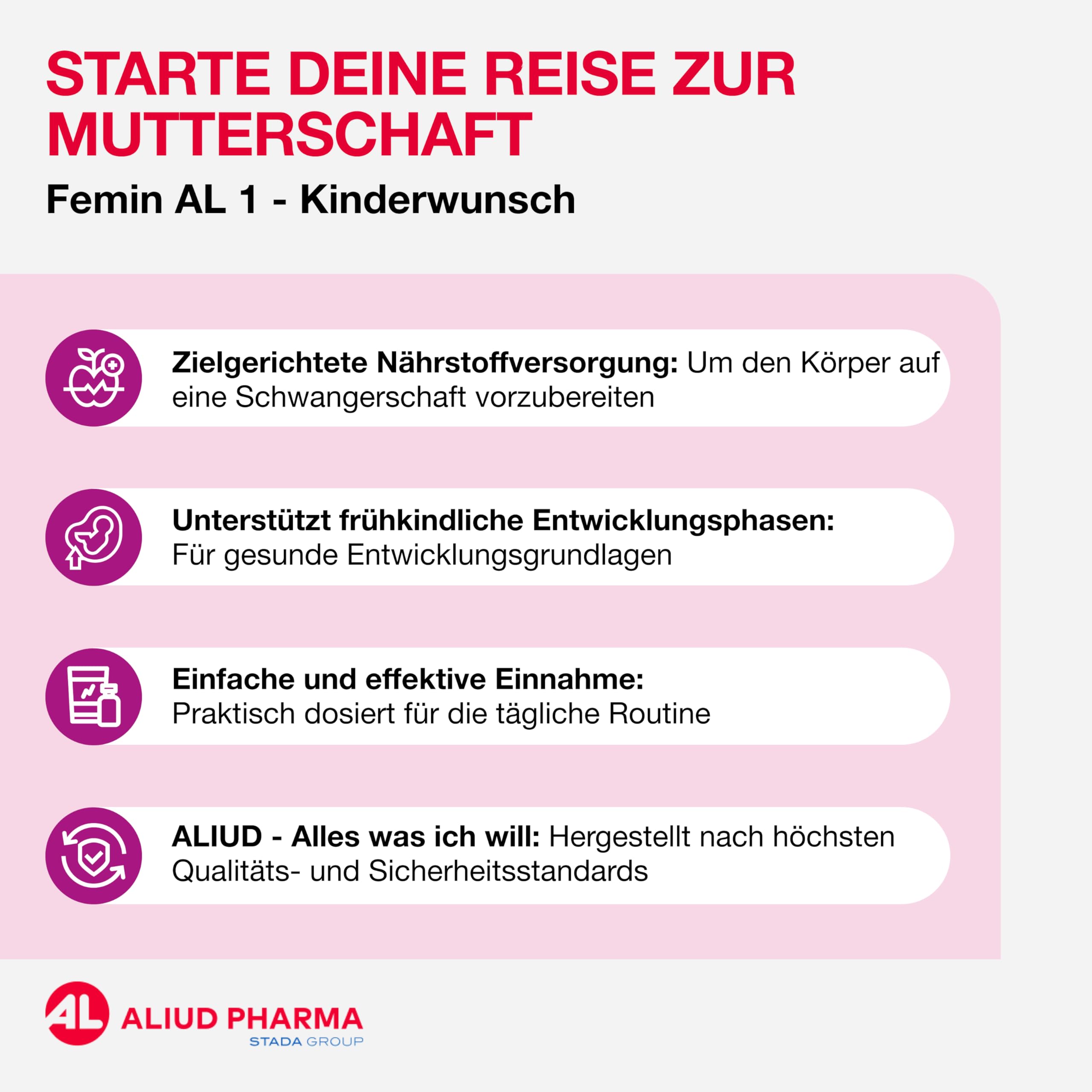 Femin AL 1 Kinderwunsch: Nahrungsergänzungsmittel mit L-Methylfolat (Folsäure), Jod, Vitamine & Eisen - für die Zeit der Babyplanung, 90 Kapseln