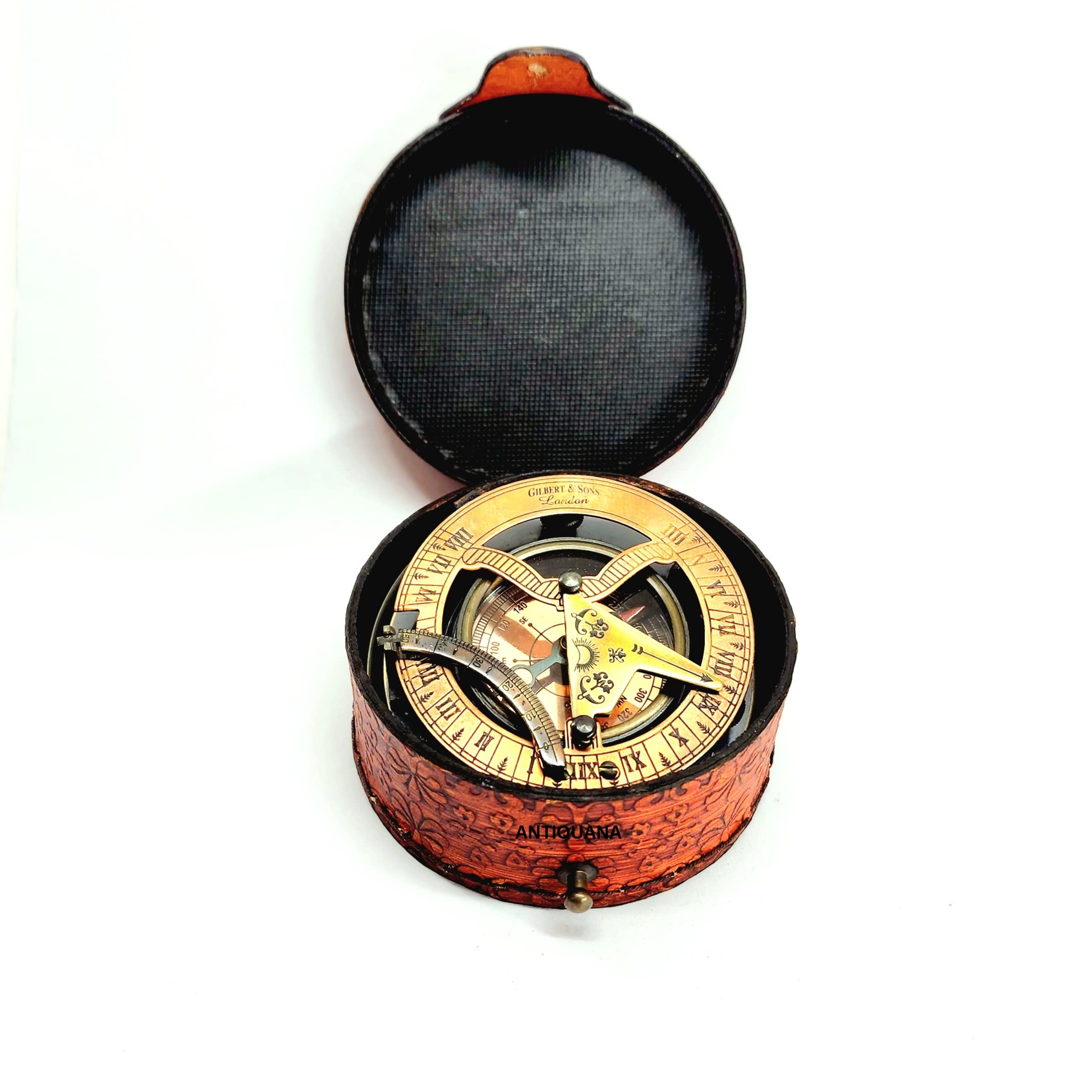 Reloj de sol de latón antiguo con brújula marina de regalo en caja de regalo náutico marino reloj de sol réplica de barco pirata