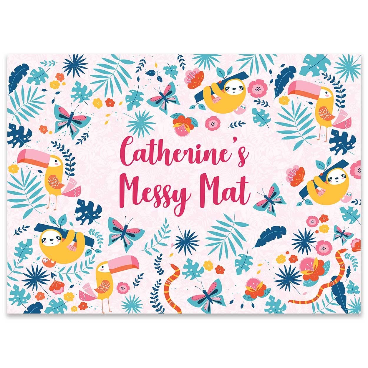 Paper Themes Personalised Messy Mat Plastic Table Cloth Wipe Clean Protect your table and floor from spills and accidents ((M) 75 x 55 cm, Sloth and Toucan)