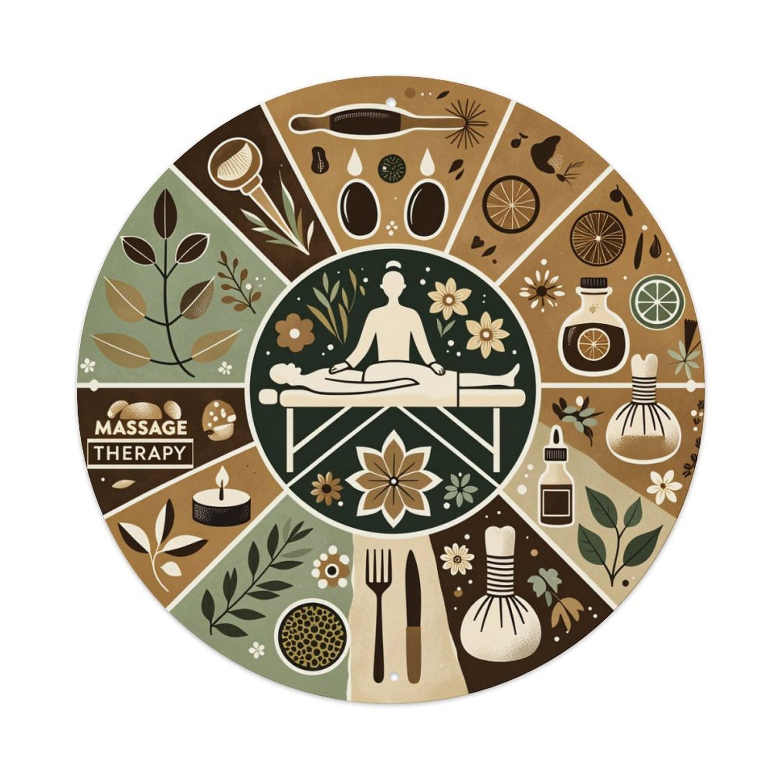 Wmlzdnwr Vintage Massage Therapy Nature Elements Floral Design Relaxation Symbols Round Tin Sign,Retro Wall Art,Metal Poster For Home, Bar, Garage, Cafe, Rustic Indoor & Outdoor Decor, 8X8 Inches