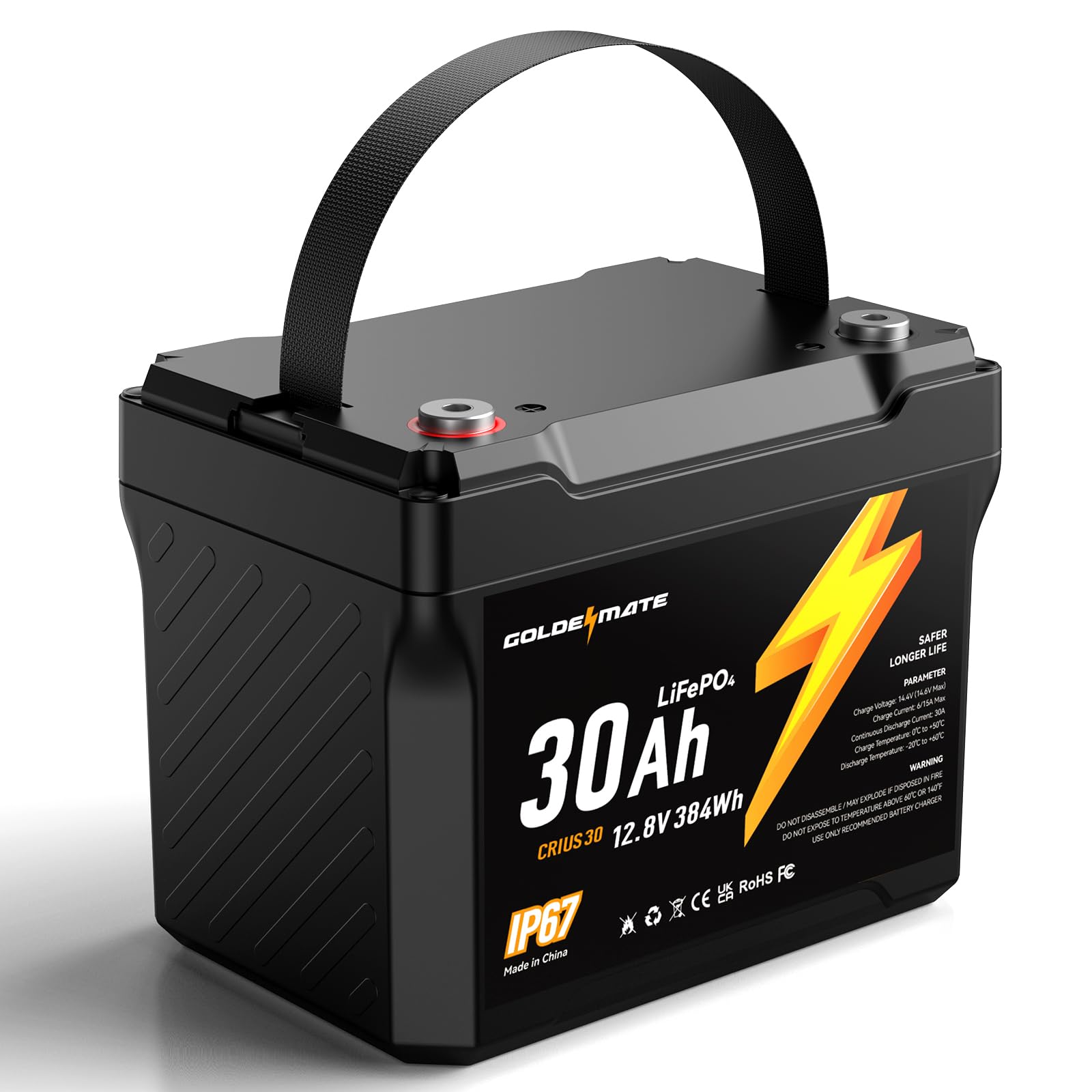 GOLDENMATE 12V 30Ah LiFePO4 Battery, IP67 Waterproof, 5000+ Deep Cycles, Built-in BMS & Grade A Lithium Iron Phosphate Battery Cells, Ideal for RV, Camping, Solar, Marine, Off-grid, Home Energy Backup