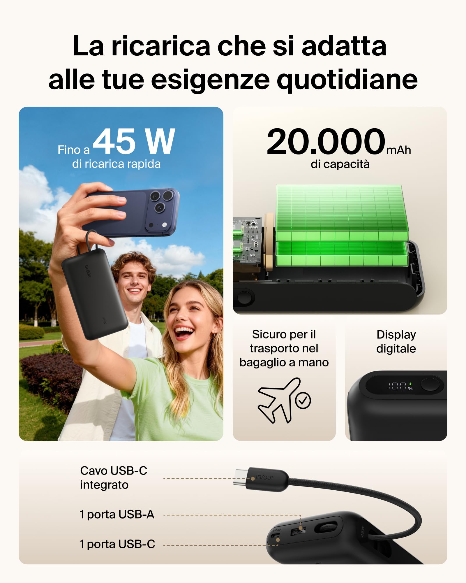 Belkin UltraCharge Power Bank 20000mAh con Cavo USB-C e Display - Nero | Caricatore Portatile 20000mAh, Ricarica 3 dispositivi (1 USB-C, Cavo USB-C Integrato, 1 USB-A), 45W, Pre-Caricato, Display