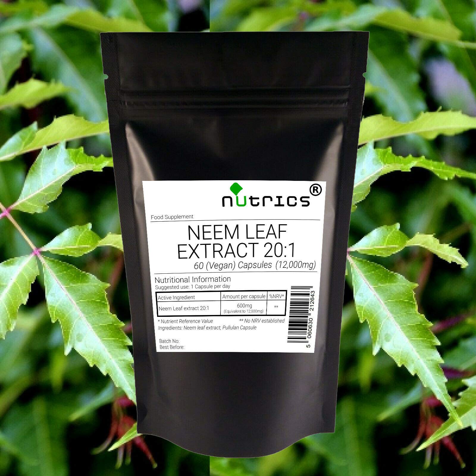 Nutrics® 12,000mg NEEM Leaf Extract Vegan Capsules 100% Pure | 60 Capsules (2 Months Supply) | Made in The UK by Nutrics Laboratories | Suitable for Vegan Vegetarian Halal Kosher