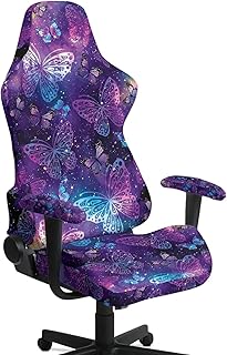 Vintage Purple Butterfly Starry Print 4 Pcs Set Gaming Chair Slipcovers Dustproof Gamer Armchair Cover with Armrest Covers Swivel Boss Chair Protector Covers