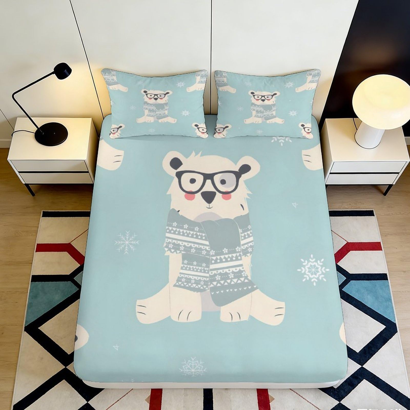 Jqzkxnhpbr Style-5 3D Printed Cartoon Polar Bear Fitted Sheet Microfiber Blue Animal Bed Cover Non-Slip For Bedroom Dorm Guest Room 90X200x25cm