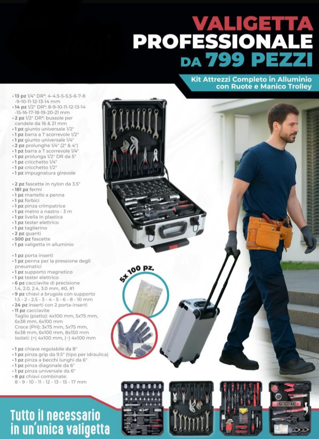 VALIGETTA Professionale Kit Attrezzi 799 Pezzi, Trolley in Alluminio con Ruote, Set Completo Utensili per Meccanico e Fai da Te, Include Bussole, Cricchetti e Chiavi