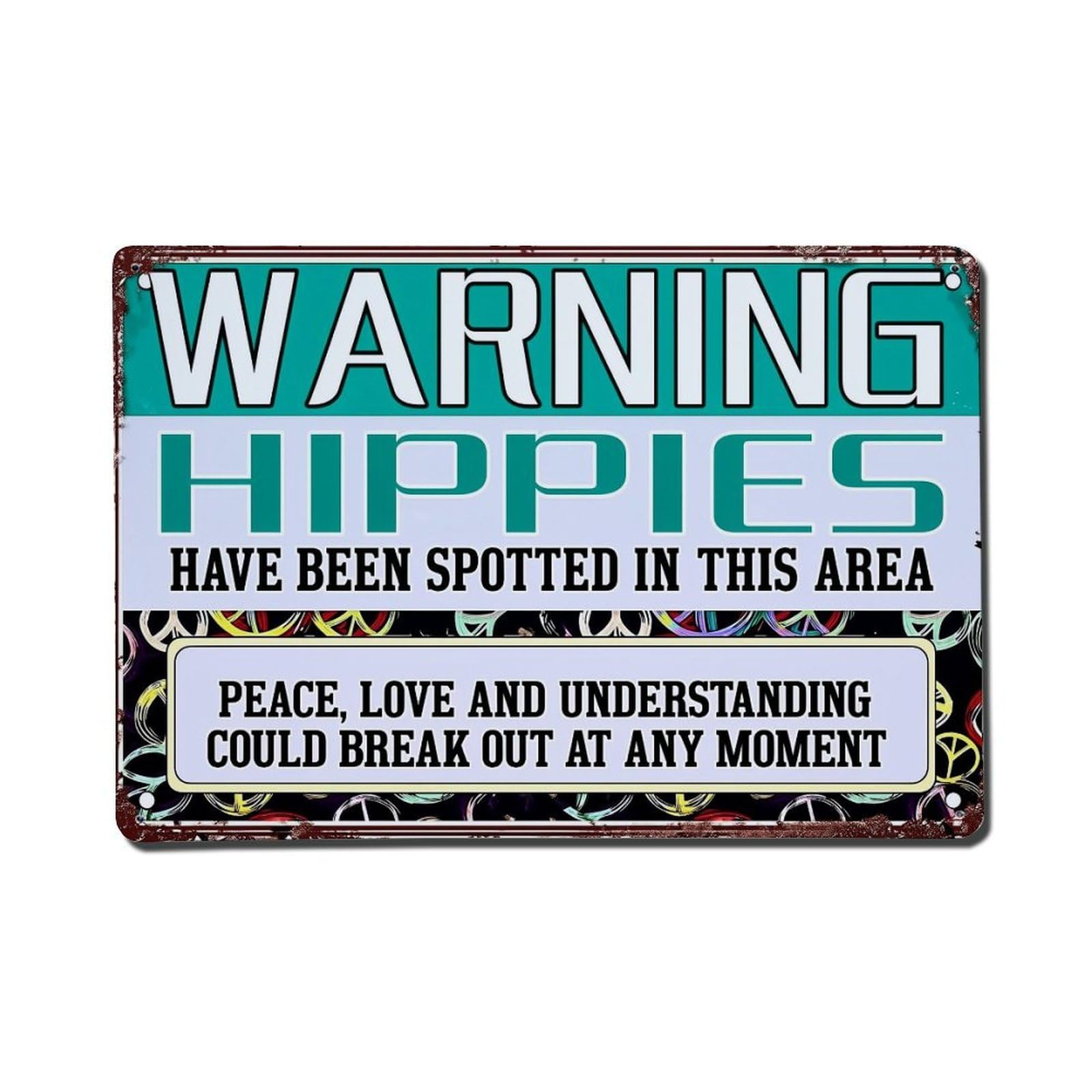 Jdfenggu Vintage Warning Hippies Spotted In Area Retro Metal Tin Sign, Metal Poster For Bar, Home, Man Cave, Kitchen, Laundry Room Art Decor 8X12 Inch