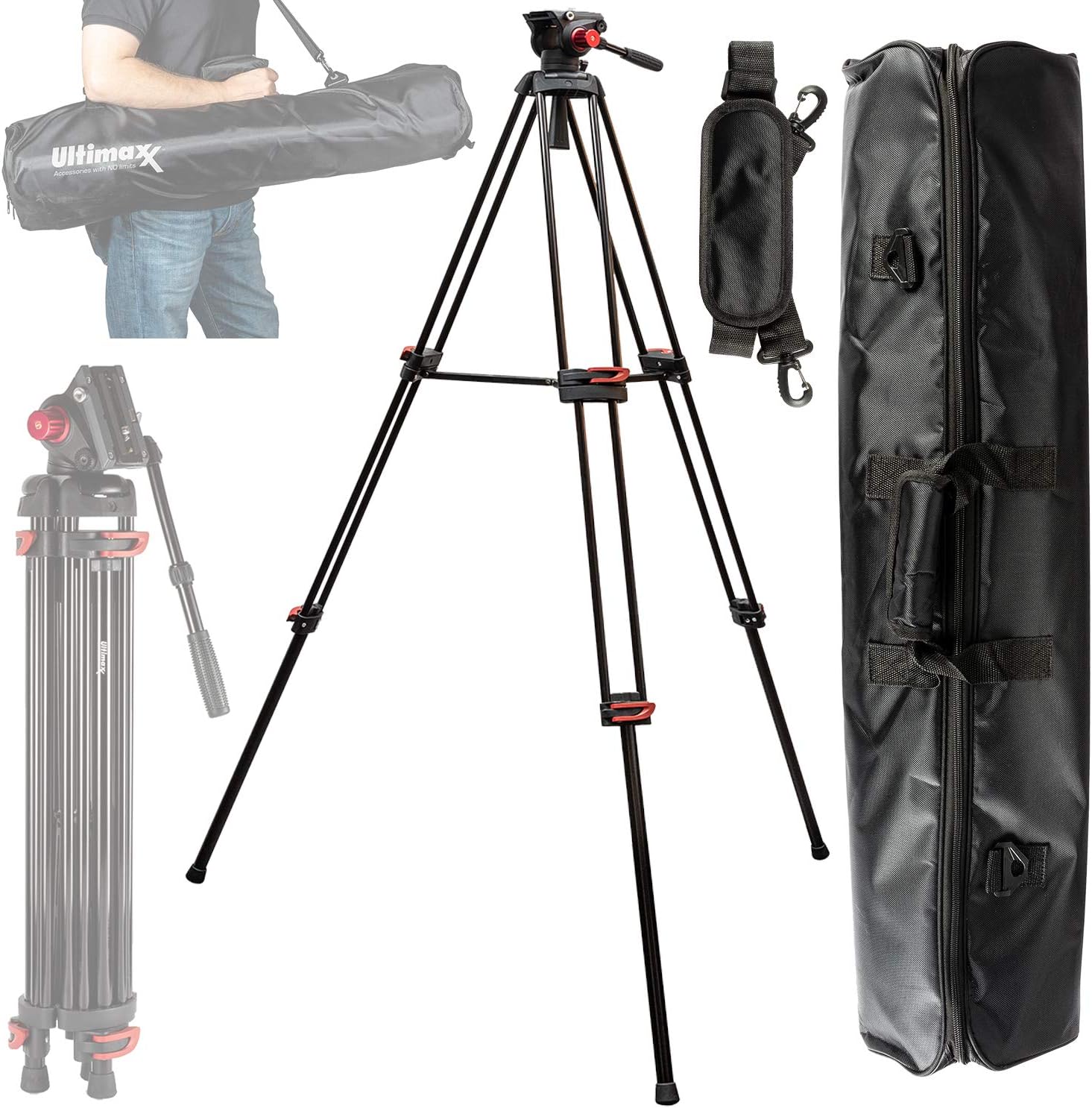 Ultimaxx 72 inch Tripod- 72 inch- Professional Heavy Duty Aluminum Twin Tube Tripod, 360 Degree Fluid Head, Mid-Level Spreader, DSLR Camcorder