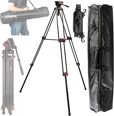 Ultimaxx 72 inch Tripod- 72 inch- Professional Heavy Duty Aluminum Twin Tube Tripod, 360 Degree Fluid Head, Mid-Level Spreader, DSLR Camcorder