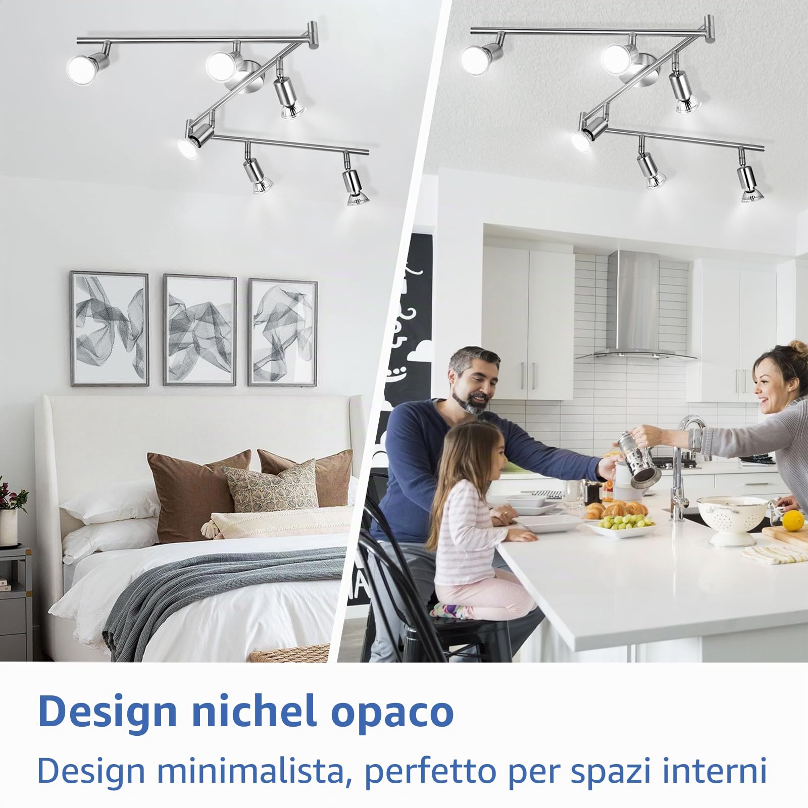 wowatt Faretti da Soffitto 6 Luci LED Lampadina Gu10 Bianca Fredda 6000K 5W | Lampadario Faretti Orientabili Cromati, Binario Lampada LED Soffitto Moderna per Soggiorno, Cucina, Corridoio, Salotto, Bagno