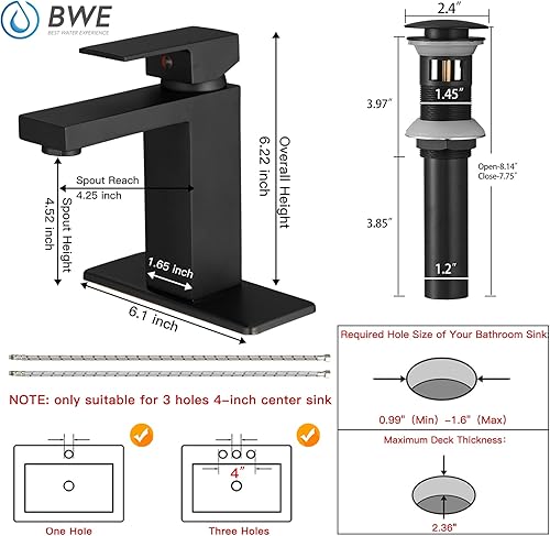 Miniatura 6 de BWE Grifo de baño negro de un solo agujero, moderno grifo de lavabo de baño con montaje de drenaje desplegable con desbordamiento y línea de