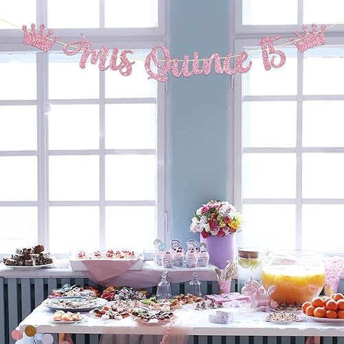 Miniatura 8 de Cartel de "Mis Quince 15", Mis Anos 15, decoración de fiesta de feliz cumpleaños de 15 años, cartel colgante de "Cheers to 15 Years", purpurina rosa