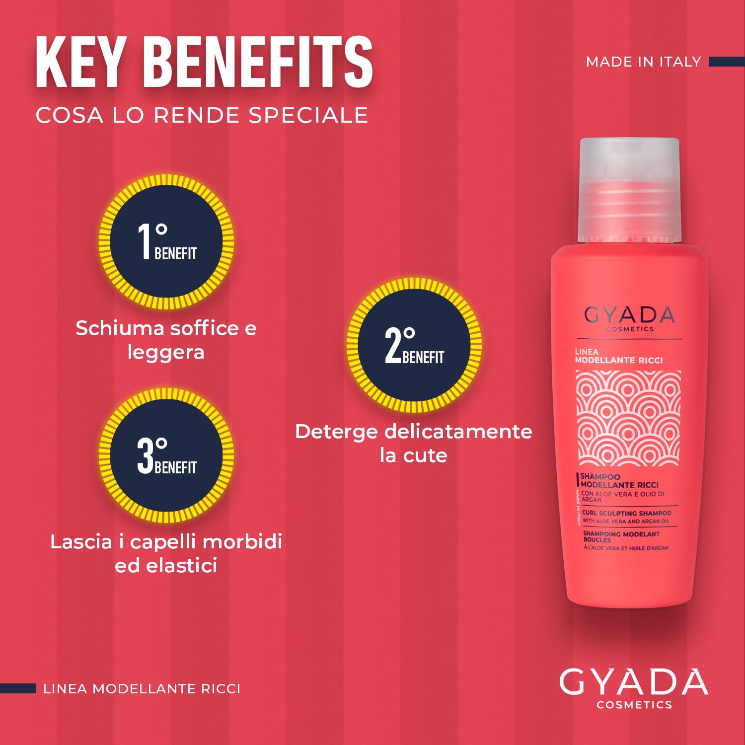 GYADA COSMETICS, Shampooing Remodelant Bouclé, pour cheveux bouclés et ondulés, Nettoyage doux, Hydratant, Élastifiant, Action anti-frisottis, à l’Aloe Vera et à l’huile d’Argan, 100 ml