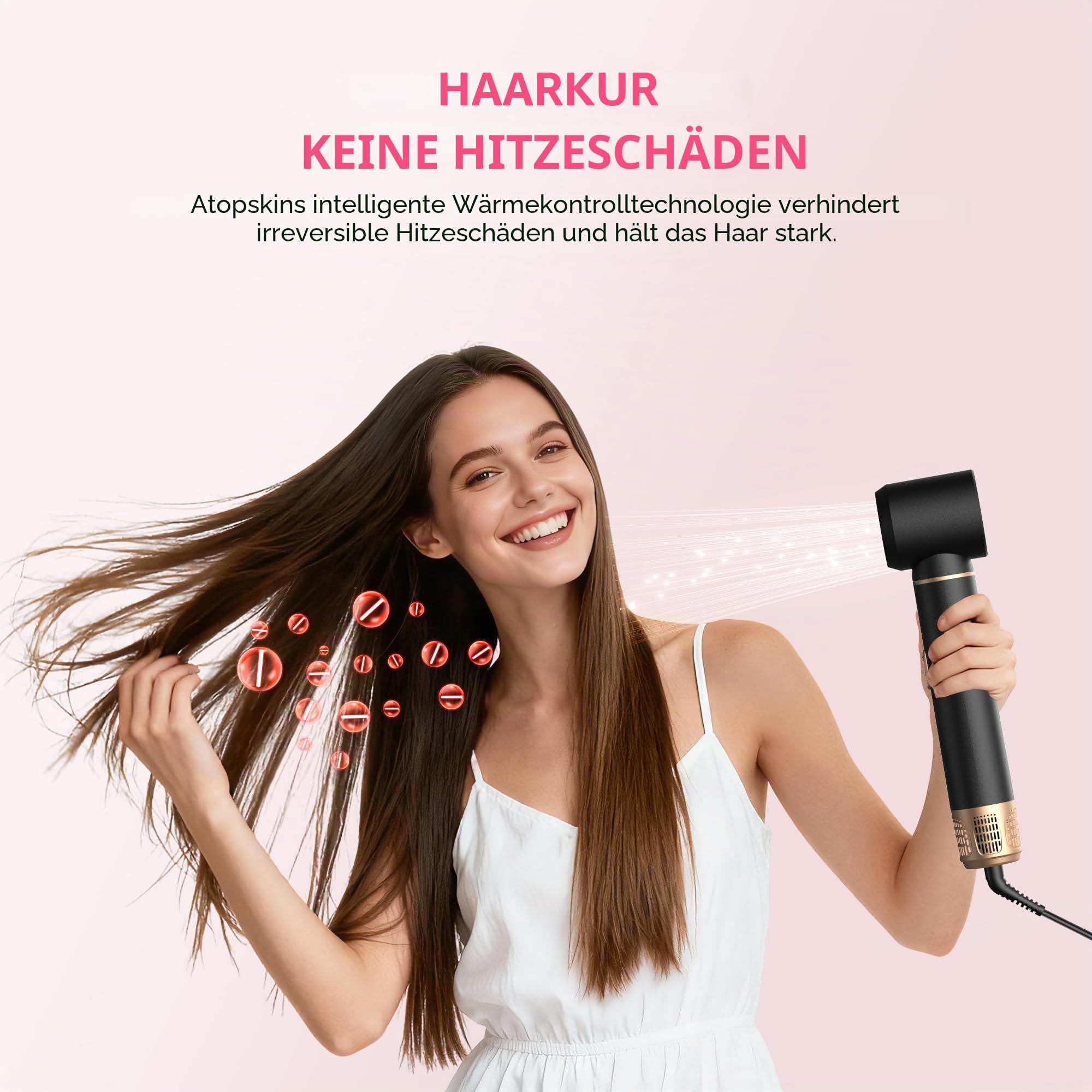 Atopskins 5 in 1 Hairstyler mit Lockenstab mit Luft Links/Rechts, 1000W Airstyler Hair Styler Set mit Föhn für Locken, Rundbürstenföhn, Haarstyler, Warmluftbürste, Airbrush, Glättbürste, Schwarz-gold