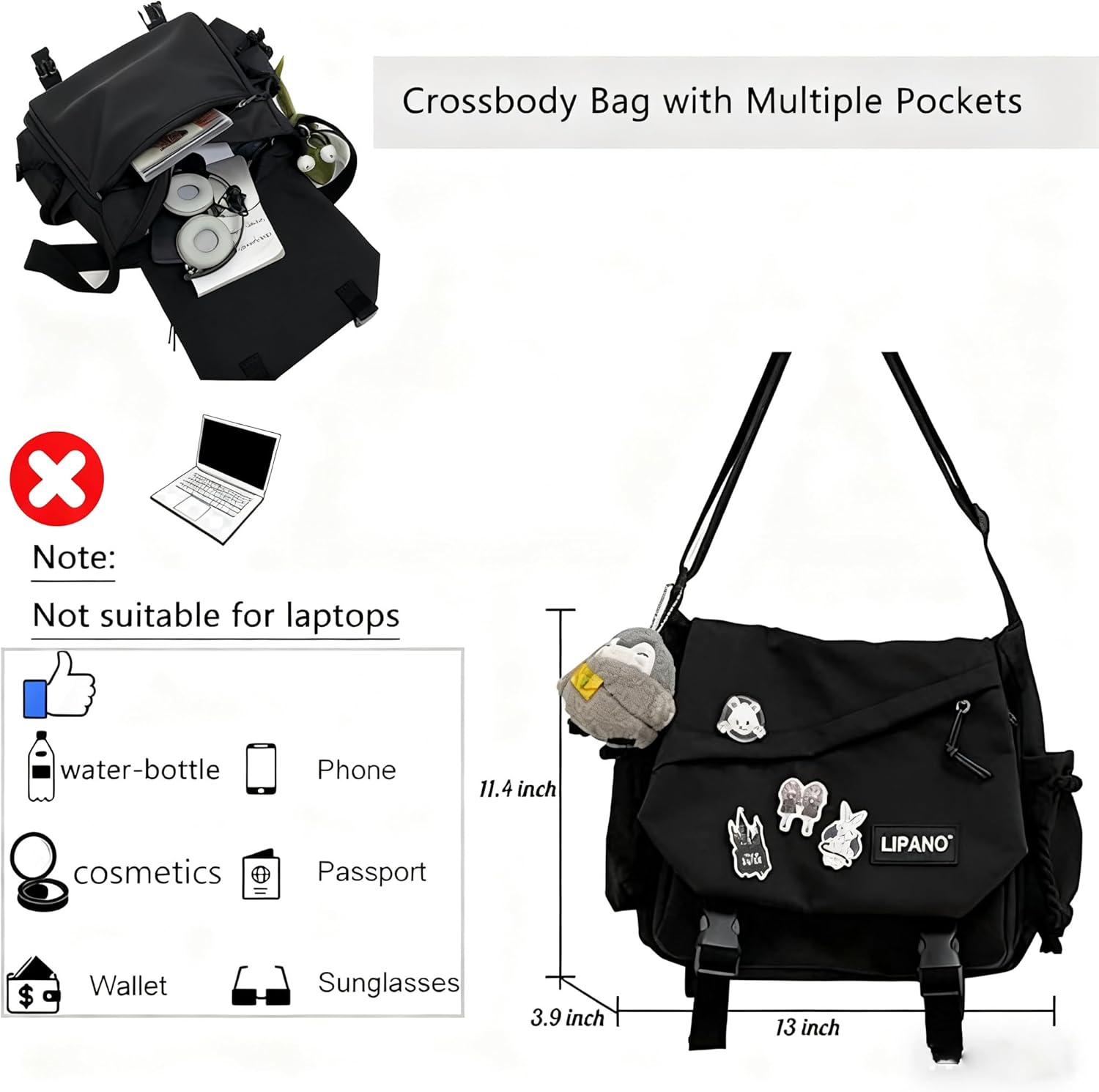 Aesthetic Crossbody Bag with Cute Pins and Ornament, Nylon Shoulder Messenger Bag Japanese Kawaii Bag for Women Men - Image 4