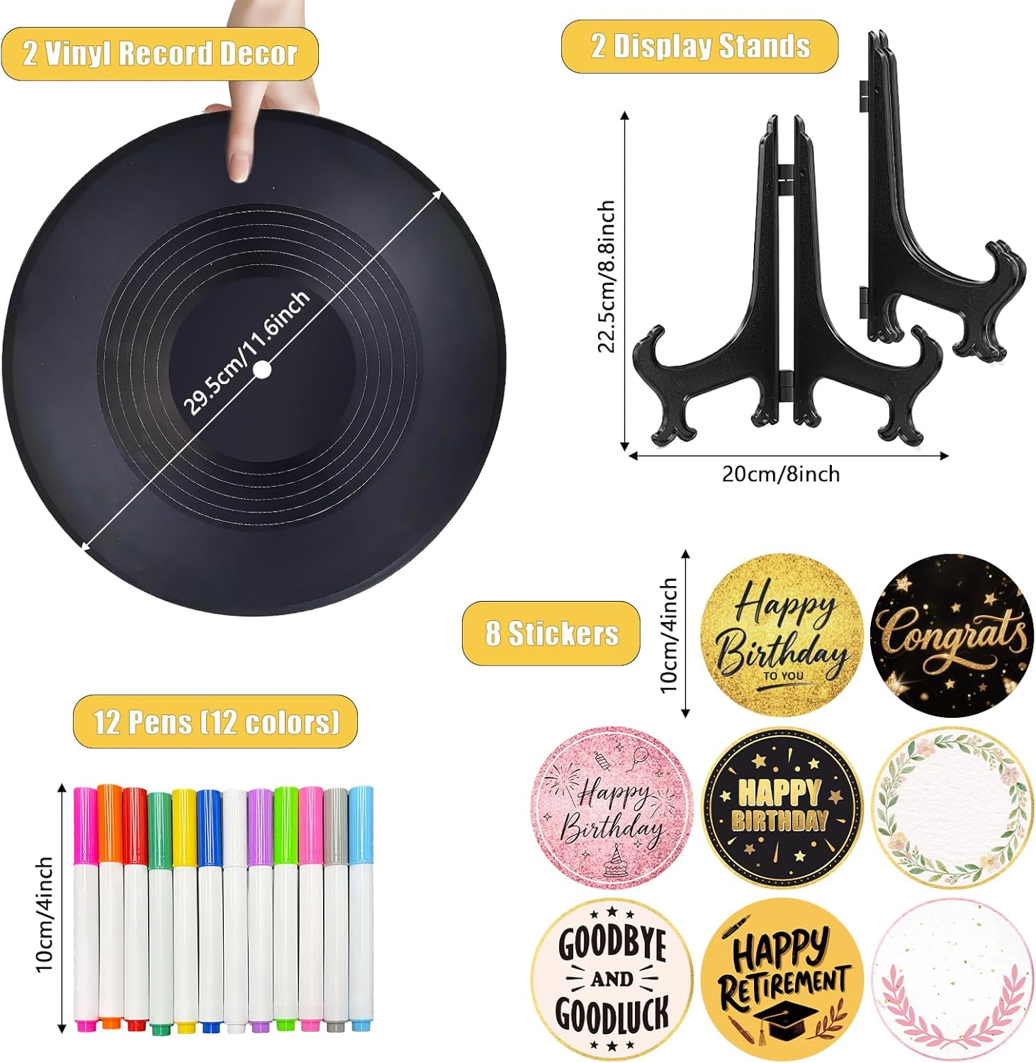 2PCS Vinyl Record Birthday Decorations Party Sign Poster with 12 Pens & 8 Stickers 11.6" x 11.6" Guest Book Alternative with 2 Stand Signing Record Party Supply for Graduation Celebration