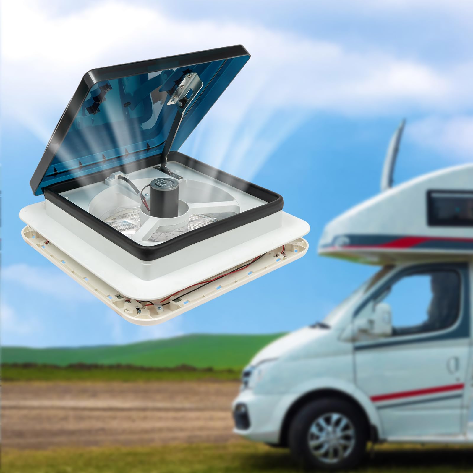 Wohnmobil Dachventilator, RV Dachventilator Vent, 26x26cm Belüftung für Wohnmobil, Extrem Geräuscharm, IP68 Wasserdicht mit 10 Schaufeln und Beleuchtung, 45° öffnen und Schließen (Schwarz)