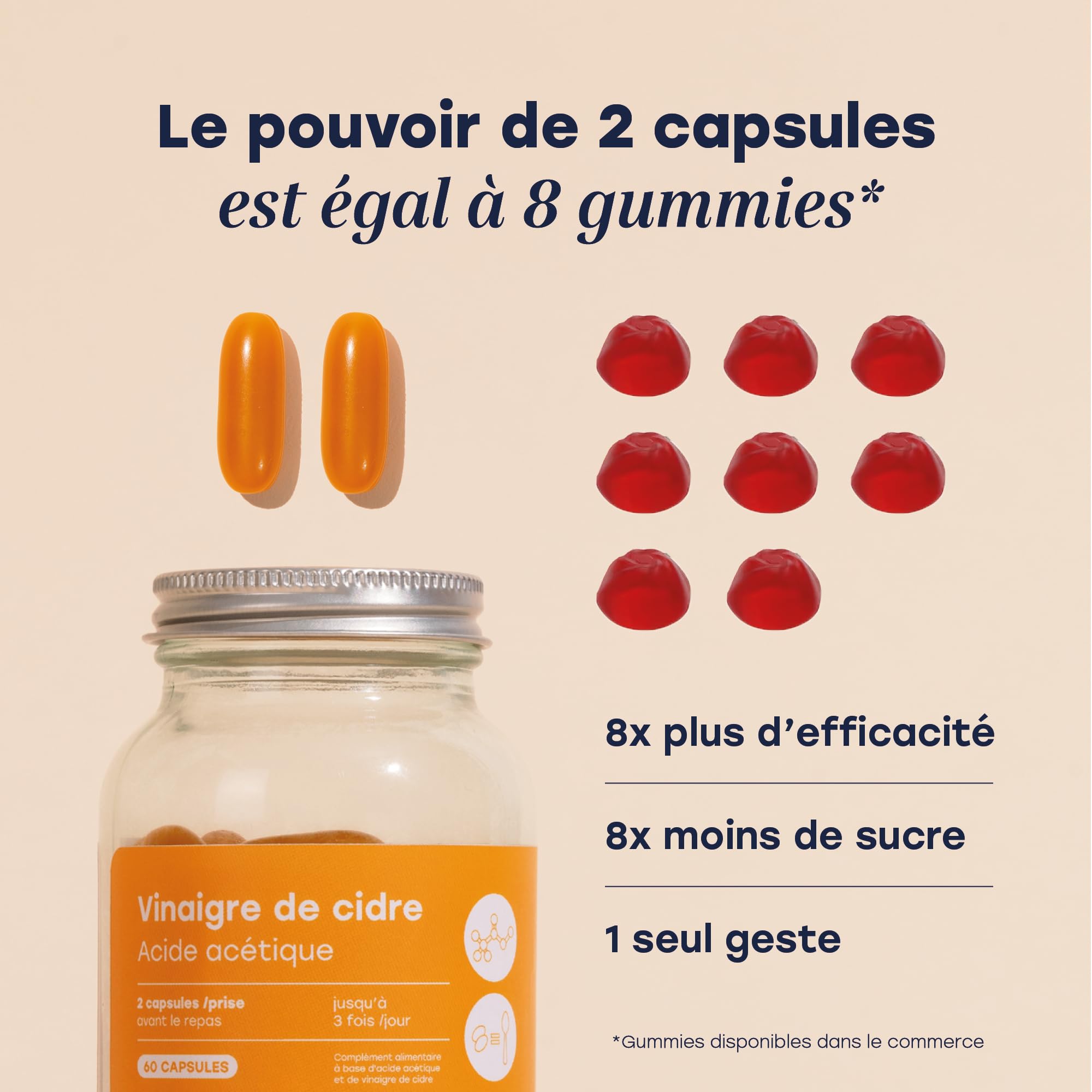 Archie, Capsules Vinaigre de Cidre Biologique - Naturel, sans gluten, sans lactose. Cure de 1 mois. 60 capsules. Made in France.