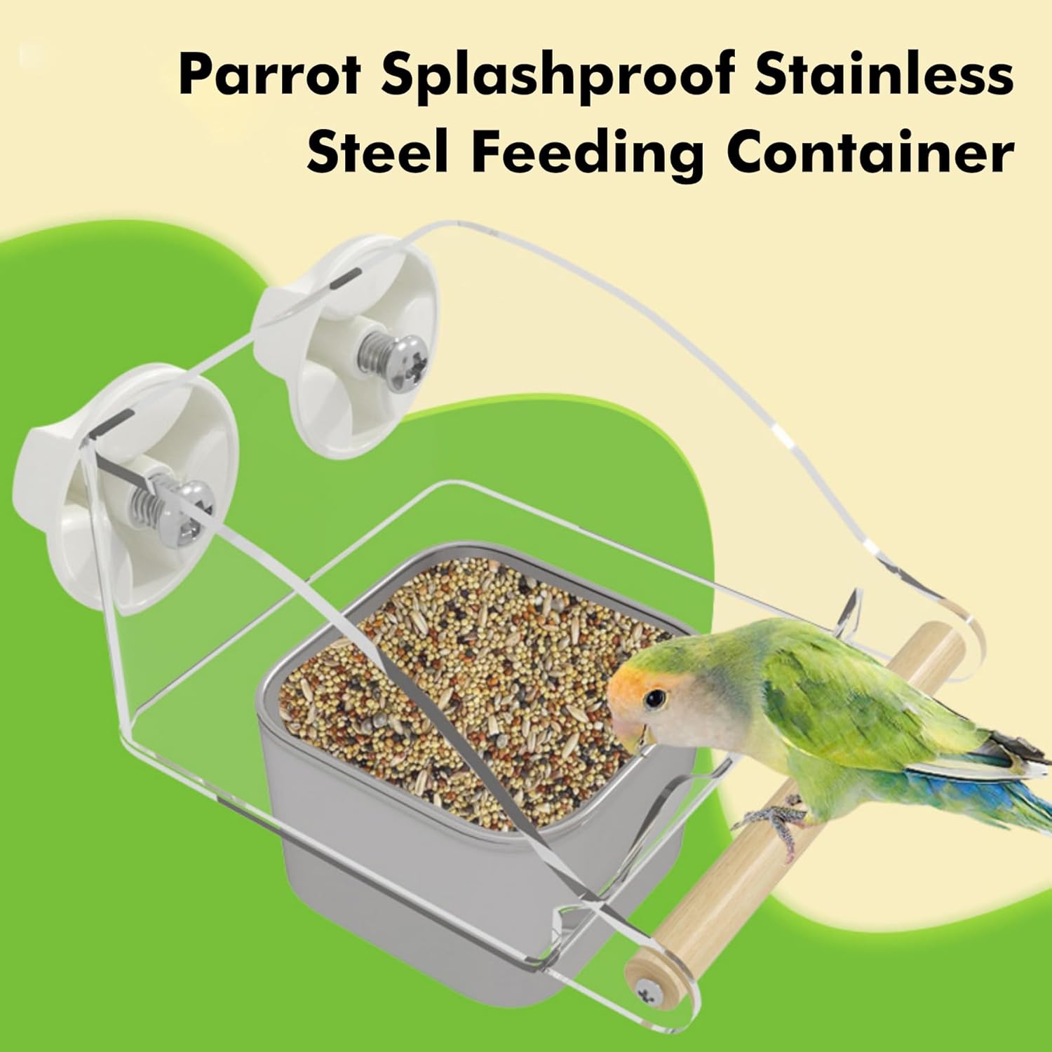 No Mess Bird Feeder for Cage,Hanging Stainless Steel Bowls Acrylic Parrot Feeder Perch Transparent Bird Feeding & Watering Supplies for Parakeet Lovebird Conure Budgie 1PCS