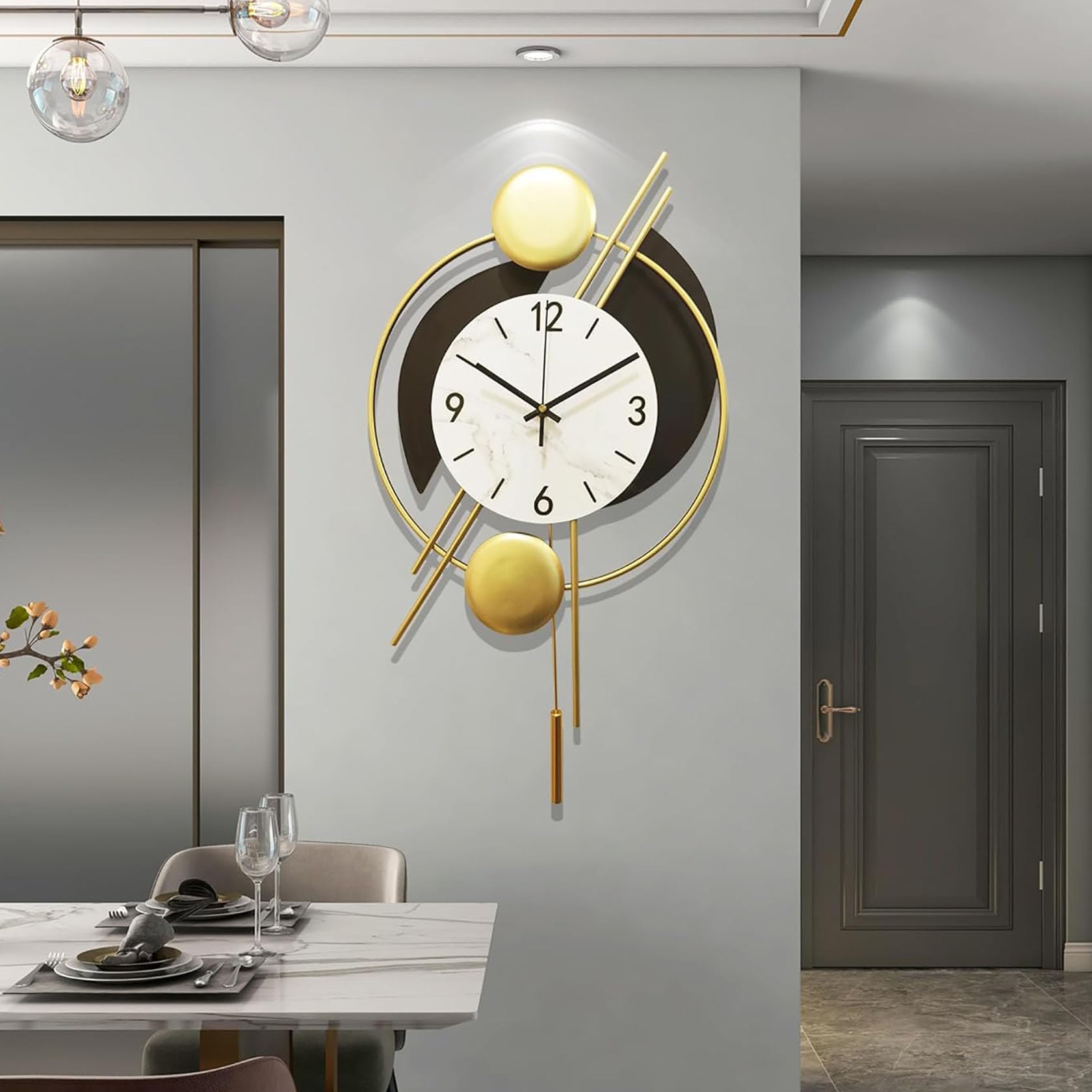 TBDdsd Wall clocks, Large Wall Clock Without Ticking Noises Modern Distinctive Made of Metal with Golden Pendulum Black