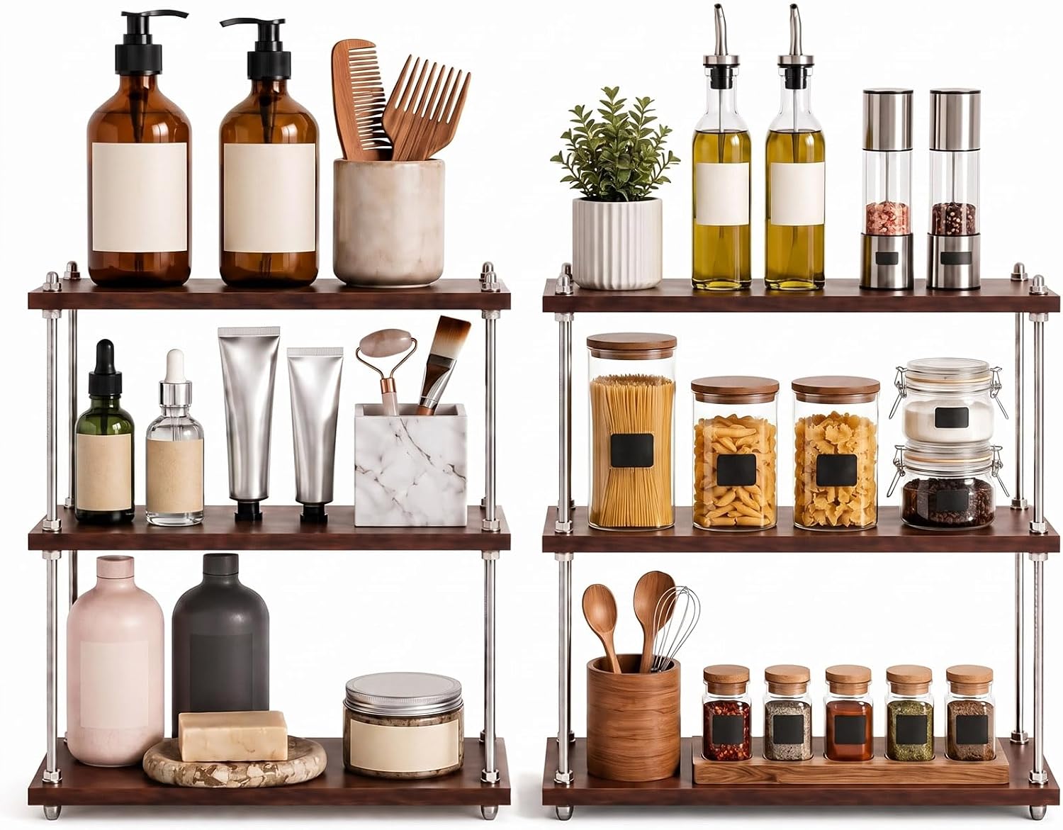 Novabright 2 Pack 3-tier Bathroom Counter Organizer, Height Adjustable Bathroom Shelf Organizer, 12x14x 6", Wooden Boards, Space-saving Corner Storage Skincare Makeup Perfume for Kitchen Vanity