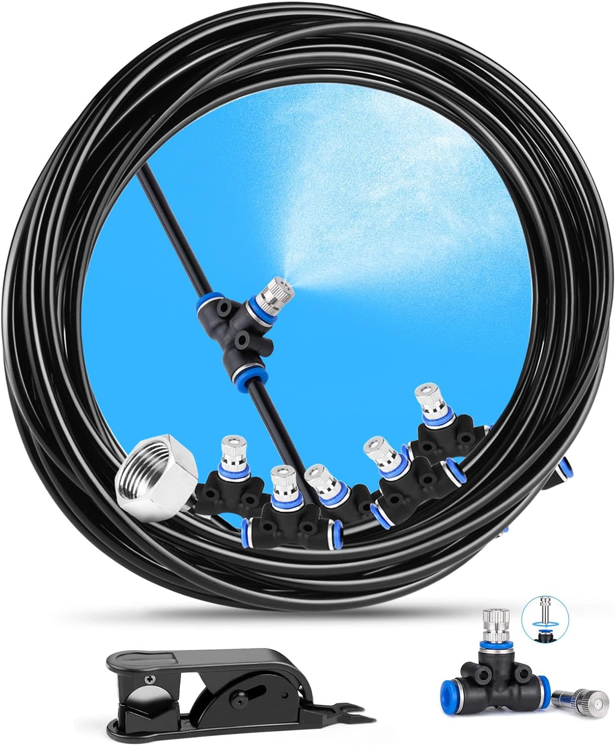 Kesfitt Mister for Outside Patio, 66FT(20M) DIY Misting Line, 22pcs Brass Nozzle, Anti-UV Tube, a Brass Adapter(3/4") Outdoor Misting Cooling System Garden Greenhouse Courtyard Trampoline