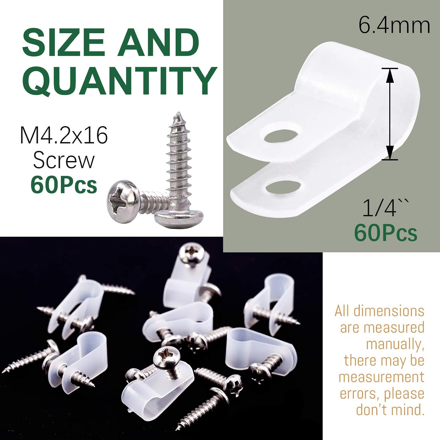 Keadic 60 Pieces 1/4 inch White Nylon Cable Clamps with Stainless Steel Screws, R-Type Mounting Cord Fastener Wire Clamps for Wire Pipe Management