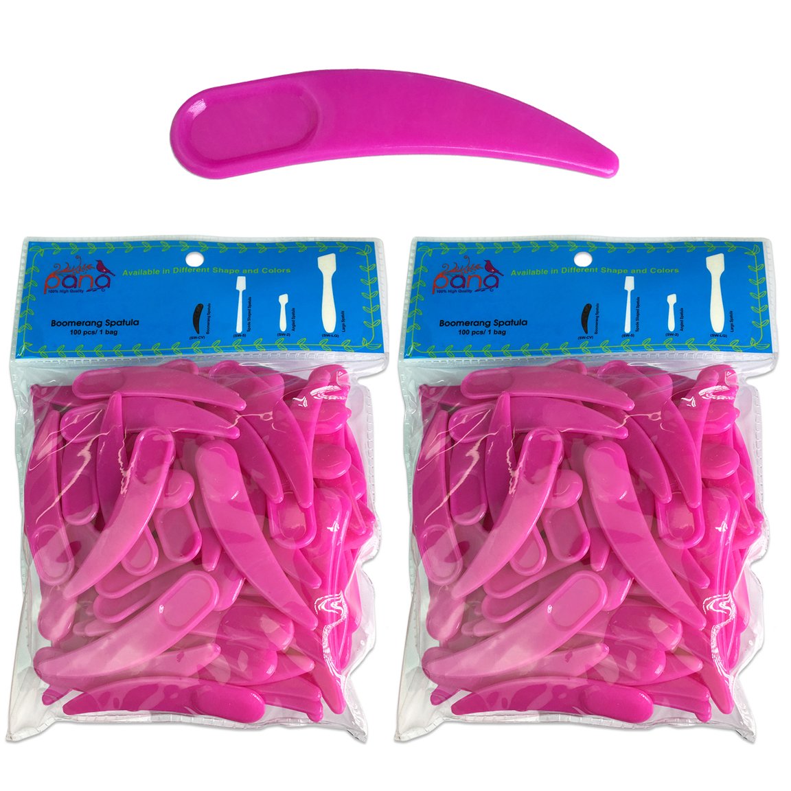 PANA Curved Boomerang Disposable Plastic Cosmetic Spatula for Mixing and Sampling Makeup, Skincare, Creams, Lotions, and Masks (Pink, 10 Packs)