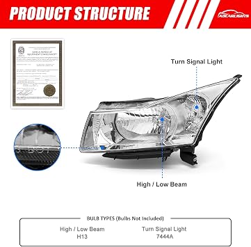 for 2011-2015 Chevy Cruze Halogen Headlight W/O Bulbs