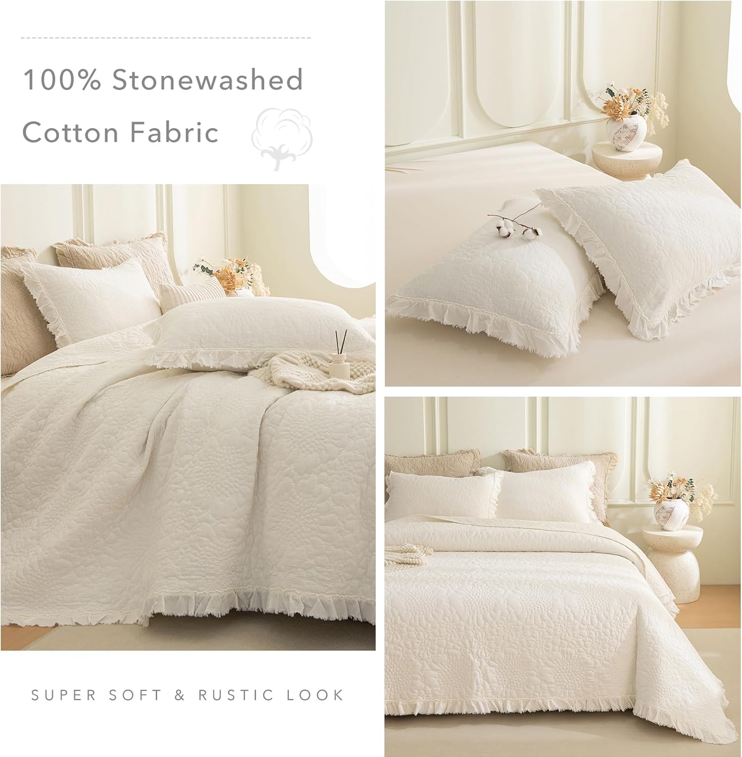 QSH Milk White Stonewashed Cotton Oversized King Quilt Bedspread Set(128"x120"),3PCs Farmhouse Ruffled Bedspread California King, Soft Lightweight Shabby Crinkled Quilt Coverlet Bed with Pillow Shams