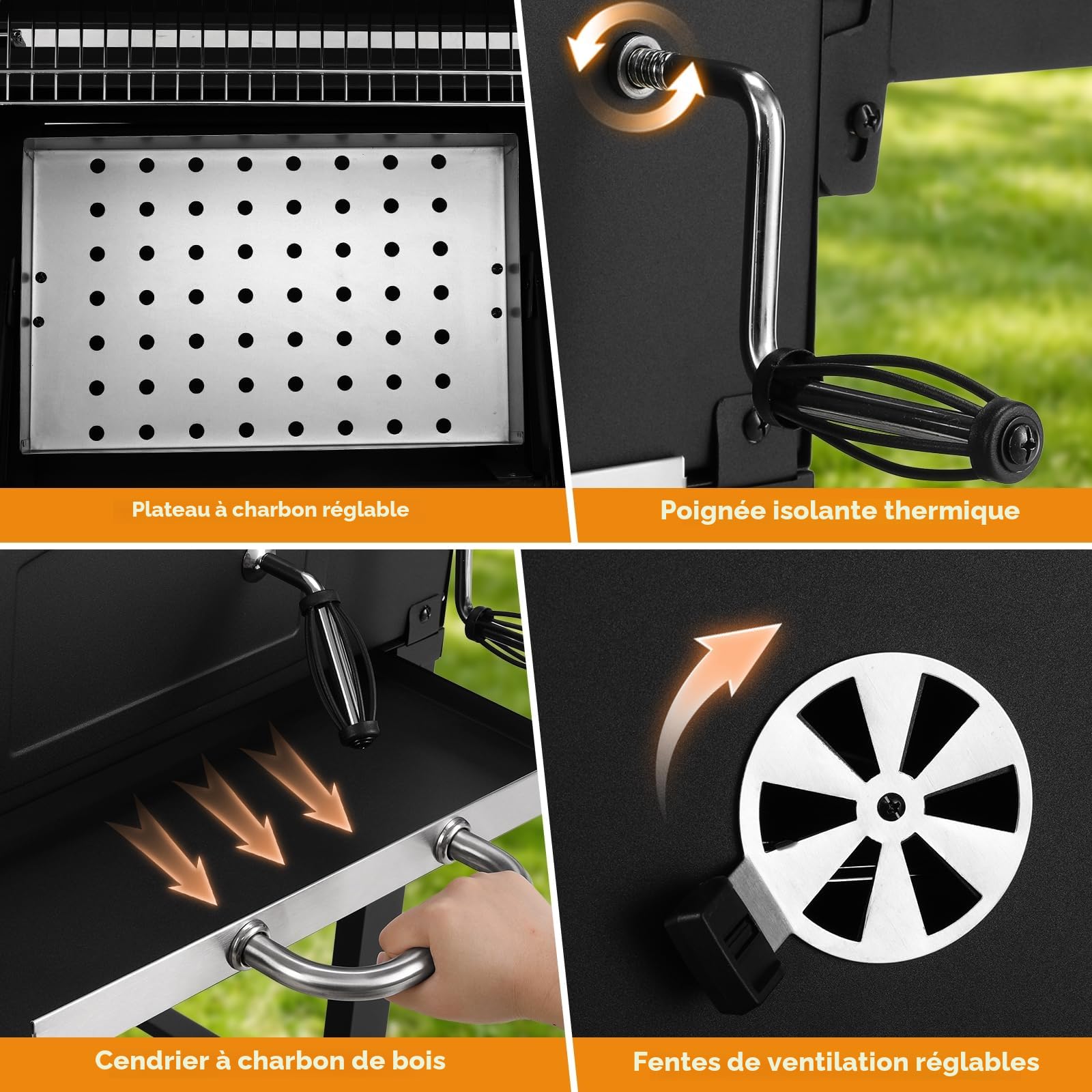 LIFERUN Barbecue Charbon XXL avec Couvercle, Grand Chariot Barbecue avec Housse étanche, Thermomètre, Roues, Cendrier Extractible, Gril Réglable en Hauteur, Fumoir BBQ, Smoker pour Camping et Jardin