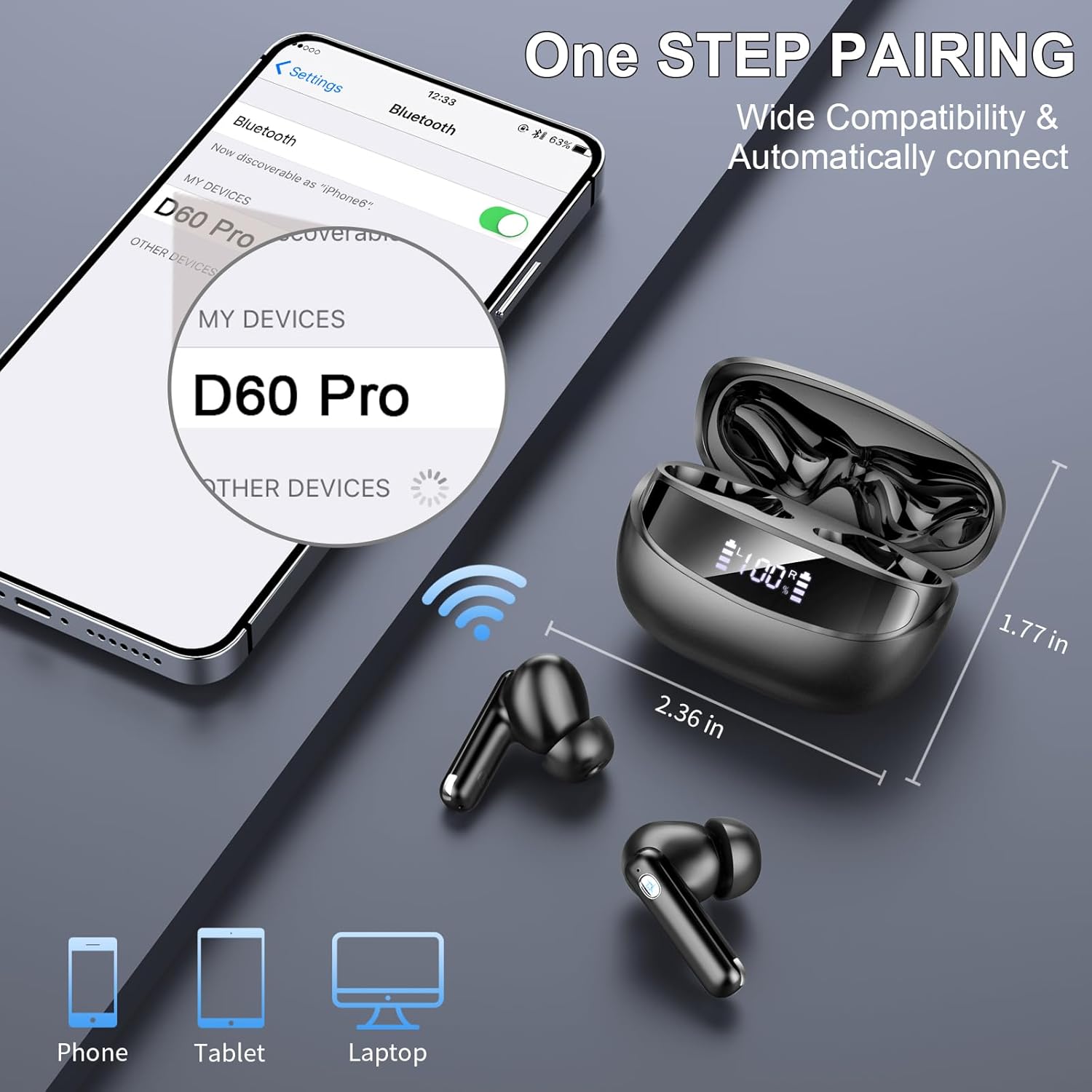 Diagram showing a smartphone screen with 'D60 Pro' selected in Bluetooth settings, next to the open charging case with earbuds.
