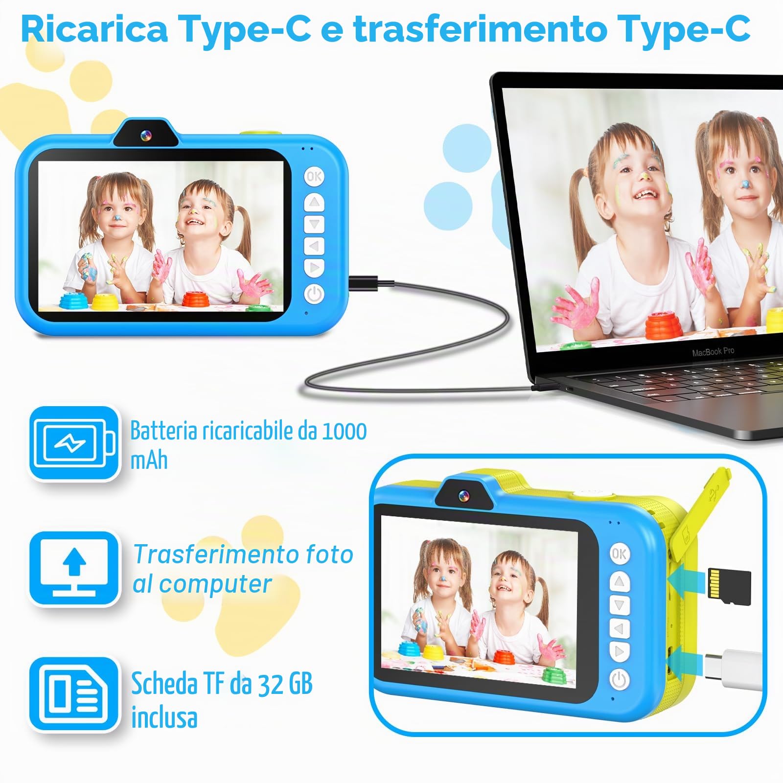 Macchina Fotografica Bambini con 360° Obiettivo Zoom Rotante | 3,5" Ampio Display | 1080P HD Fotocamera Digitali Bambini con Selfies | Flash | Scheda da 32G | Regalo Bambina Bambino 3-12 Anni
