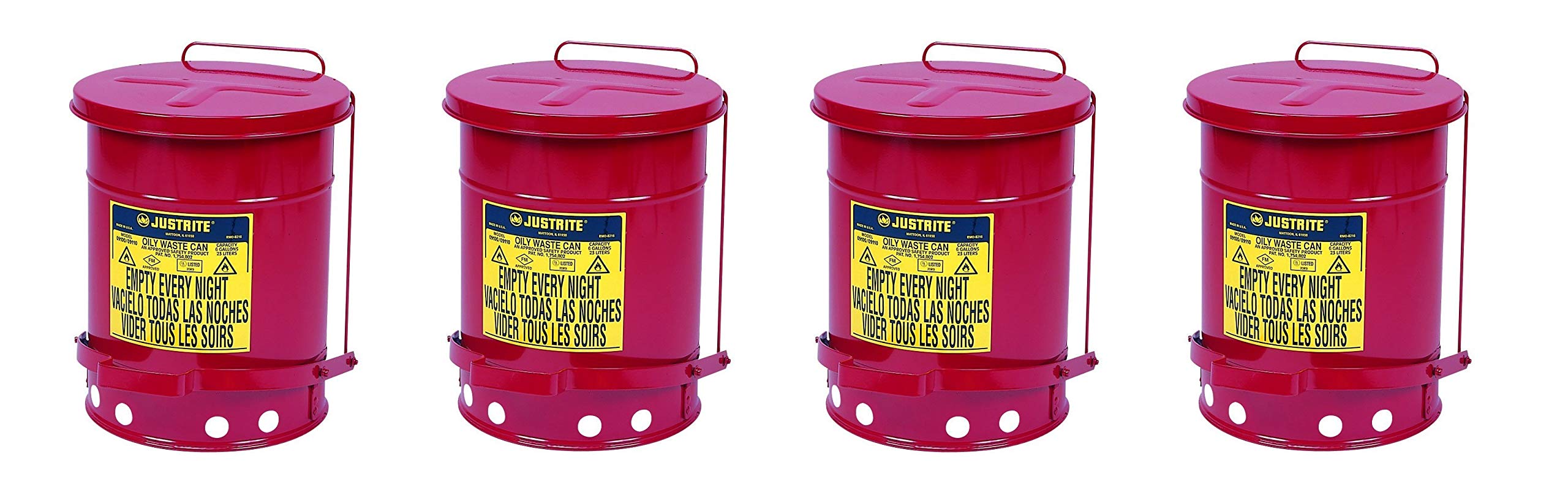 Justrite J09100 09100; Galvanized-Steel; Safety cans; for Oily Waste; Red; Foot Operated Cover; Raised, Ventilated Bottom; Reinforced Ribs; Self-Closing; UL Listed; FM Approved; Capacity (Pack of 4)