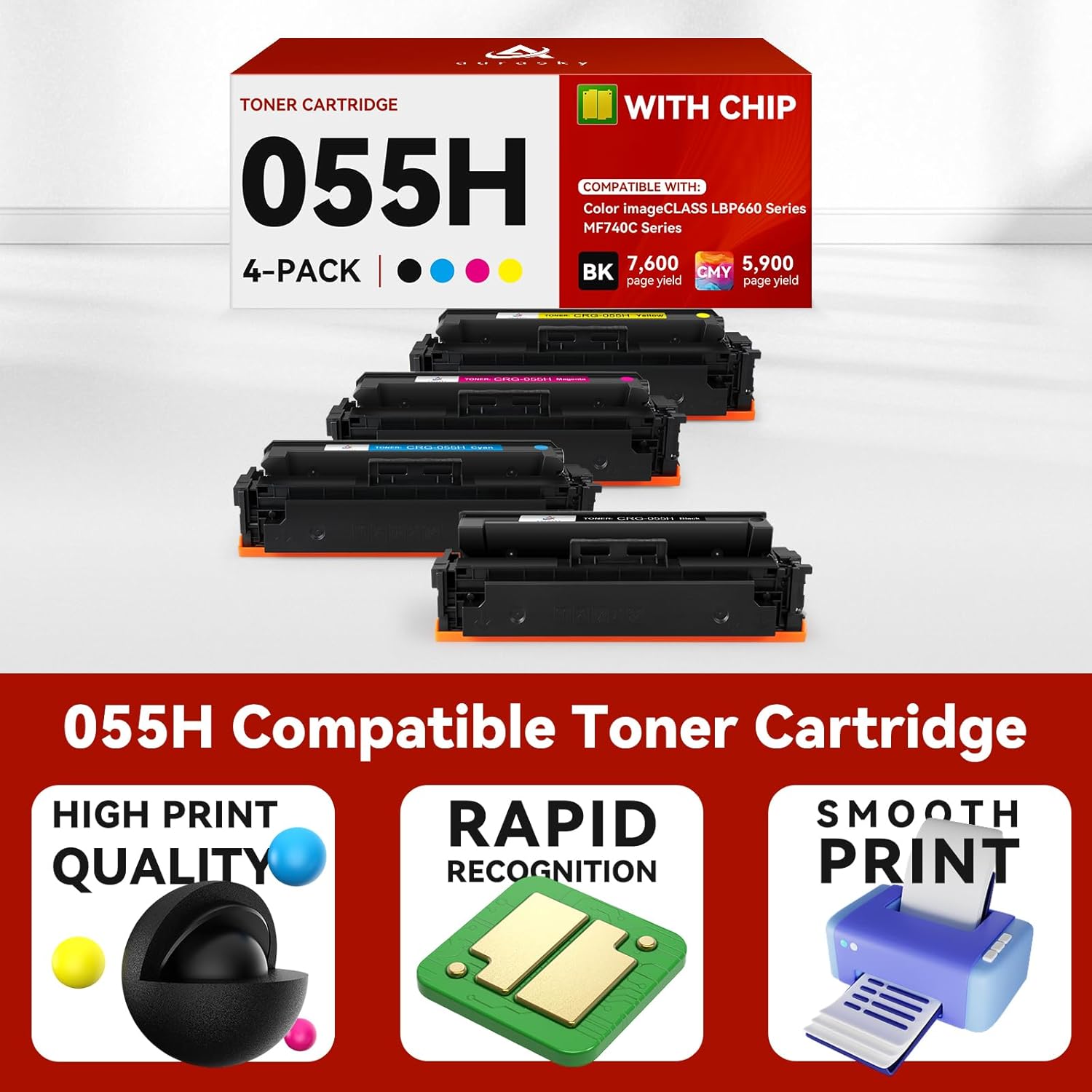 Compatible Toner Cartridge Replacement for Canon 055 055H High Capacity Toner Cartridge for Canon Color ImageCLASS MF743Cdw MF741Cdw MF746Cdw MF743 Printer (Black Cyan Magenta Yellow, 4-Pack)