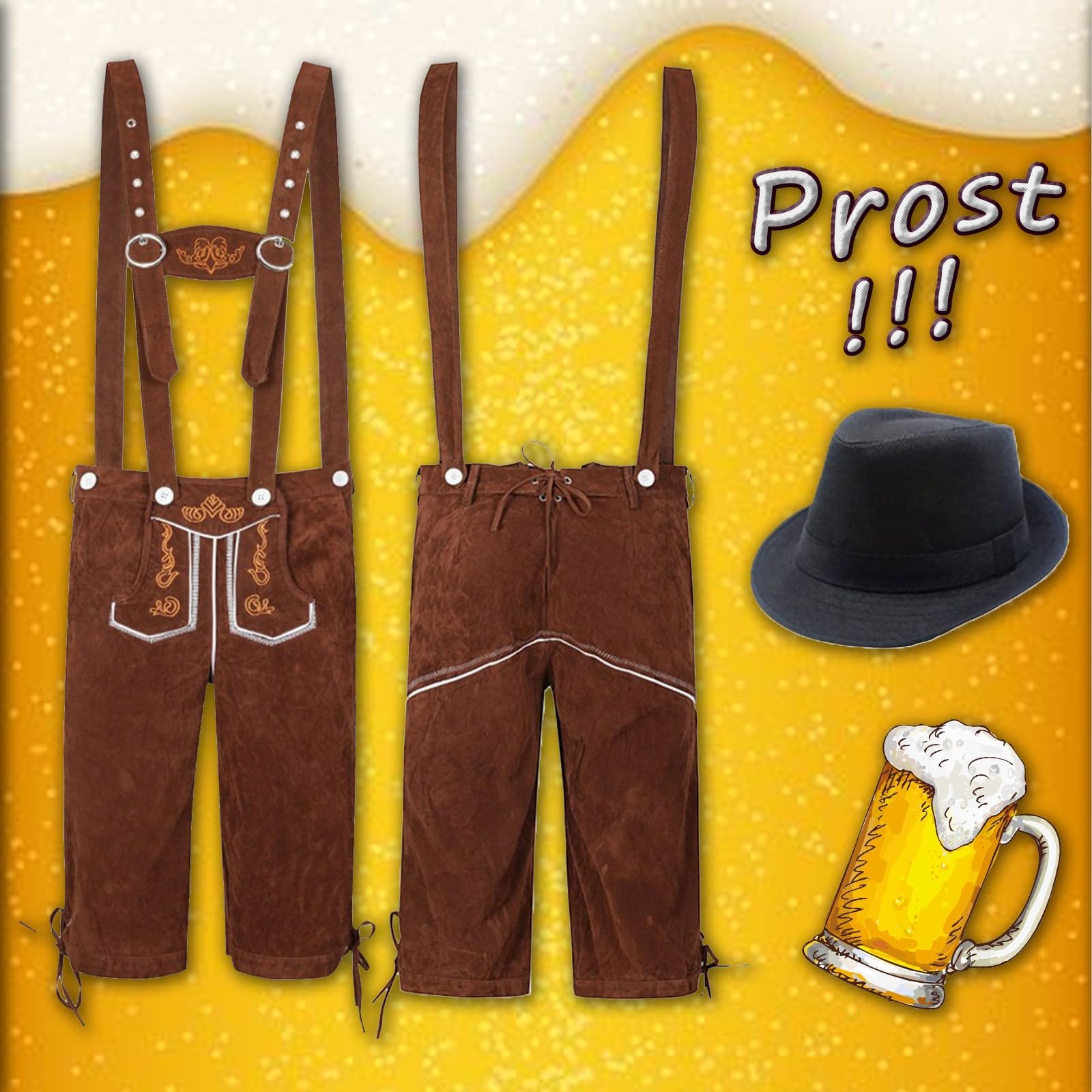 Generisch Trajes étnicos masculinos tradicionales Oktoberfest Peto Mono y sombrero de dos piezas