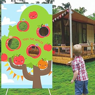 Apple Tree Toss Games Banner Backdrop Fruit Toss the Apples Theme Decor Decorations for Boy Girl Birthday Party Autumn Holiday Festival Christmas Eve Party Fall Party Baby Shower Supplies Gift Red and Green