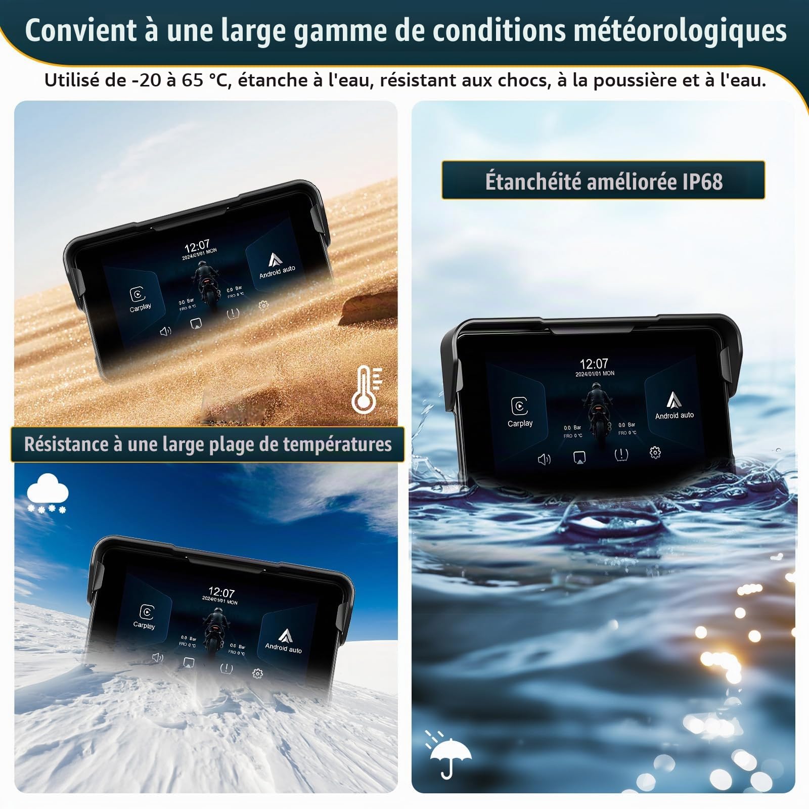 CAMECHO Moto Carplay Navi Écran avec Carplay sans Fil Android Auto IP68 Étanche Appareils de Nvigation, 5 Pouces Écran Tactile Bluetooth pour Motos avec Android Cast Airplay