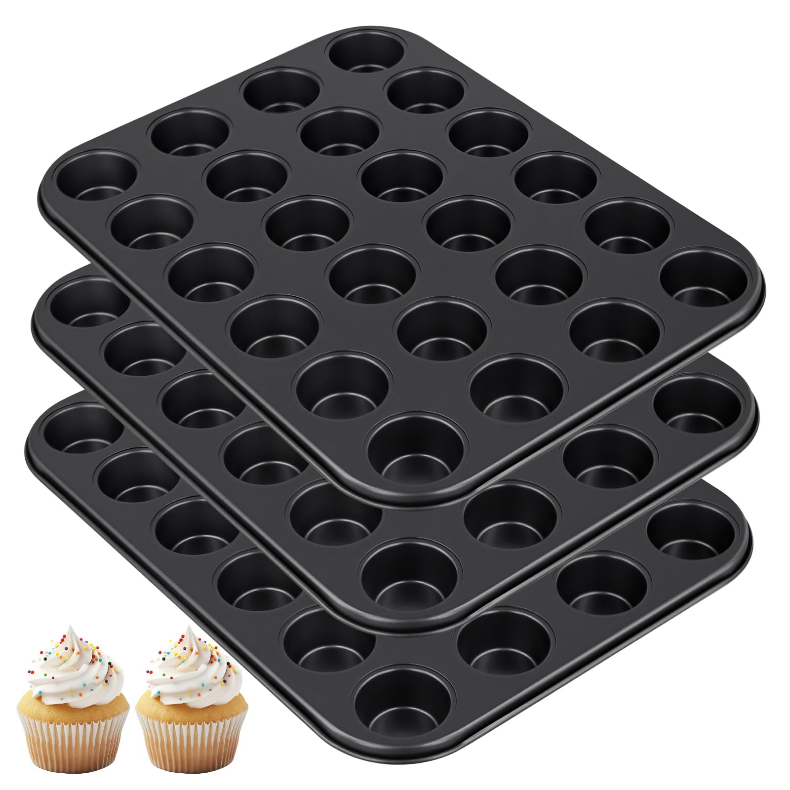 CHEUNGR 3 Pack Mini Muffin Tray, 24 Cup Non-Stick Cupcake Tin, Carbon Steel Muffin Pan for Cupcakes, Black