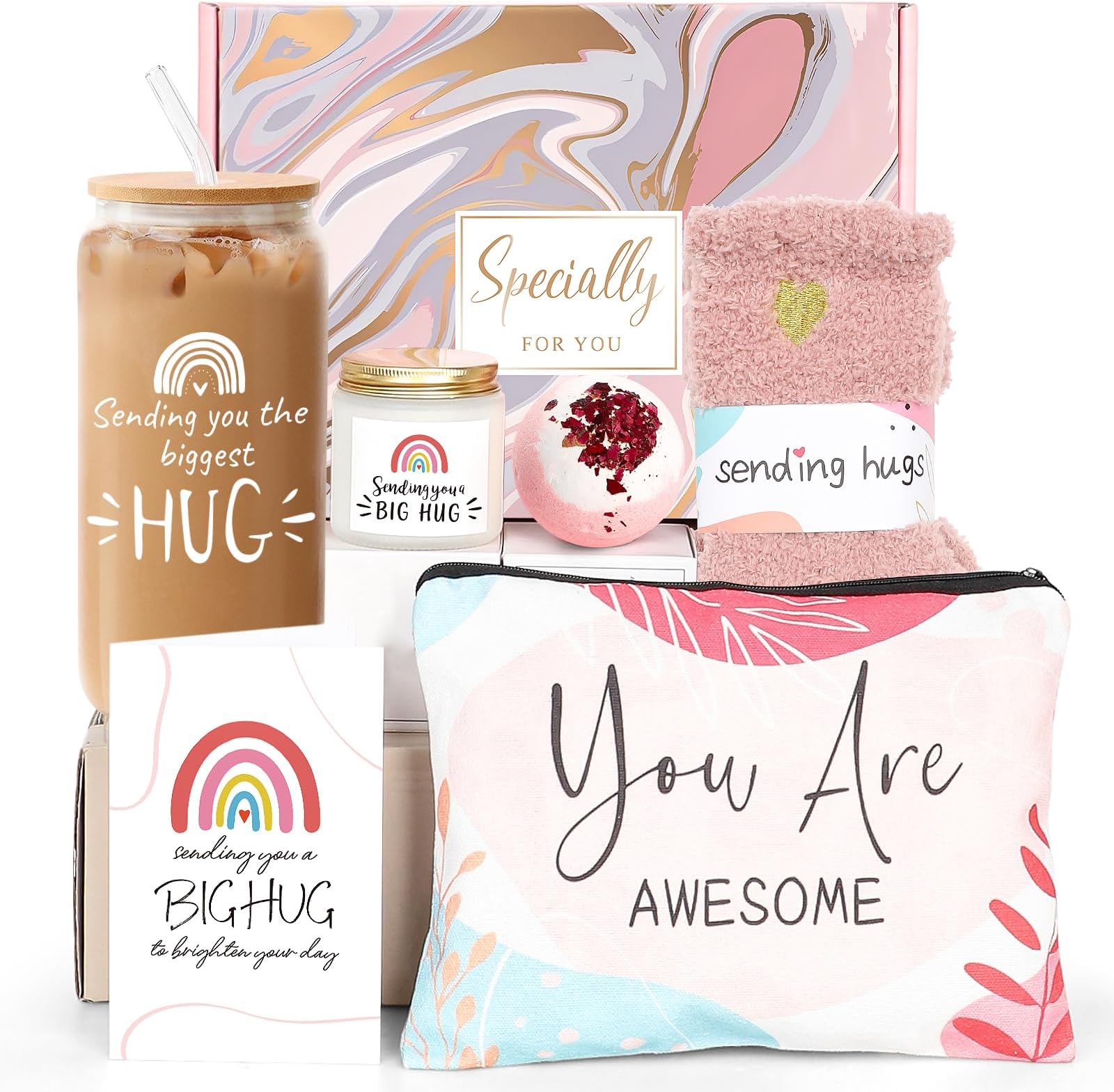 Get Well Soon Gift Baskets for Women, Sending You Hug Gifts, After Surgery Feel Better Gifts for Women Friend, 6PCS Sick Care Package for Woman, Encouragement Cheer up Gift with 16oz Glass