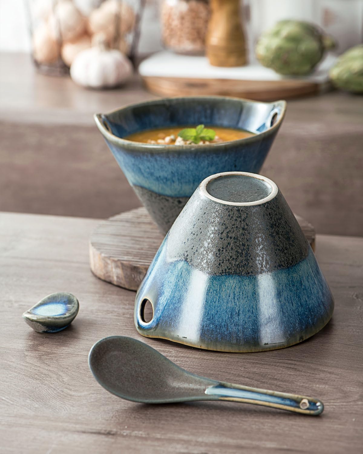 UNICASA Cuencos Ramen, Set 2 Cuencos Cerámica Sopa 600 ml, Tazones de Sopa de Fideos de Ramen Retro Con Palillos y Cucharas, Apto para Microondas, Ensalada de Frutas - Azul Gris