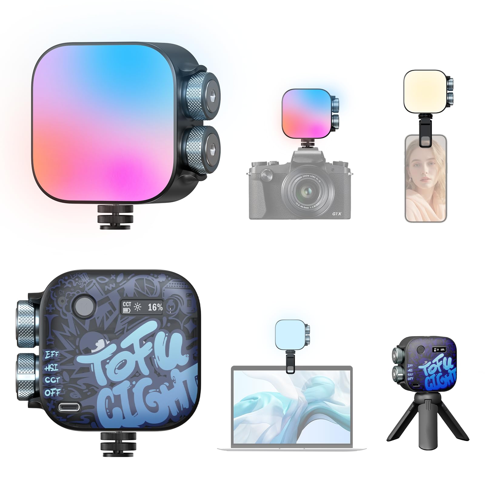 Photoolex Tofu RGB Taschen Mini LED Videoleuchte mit kompakter | CRI96+, Farbtemp 2500K–9900K, 2000mAh Akku, magnetisch & 1/4-Zoll-Schraube, 21 Lichteffekte für vlogging fotografie streaming