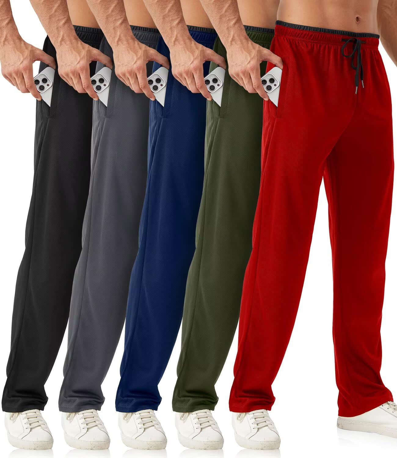 OZYJD Mens Sweatpants with Zipper Pockets 5 Pack Mens Joggers for Men Open Bottom Mesh Athletic Pants for Workout,Running