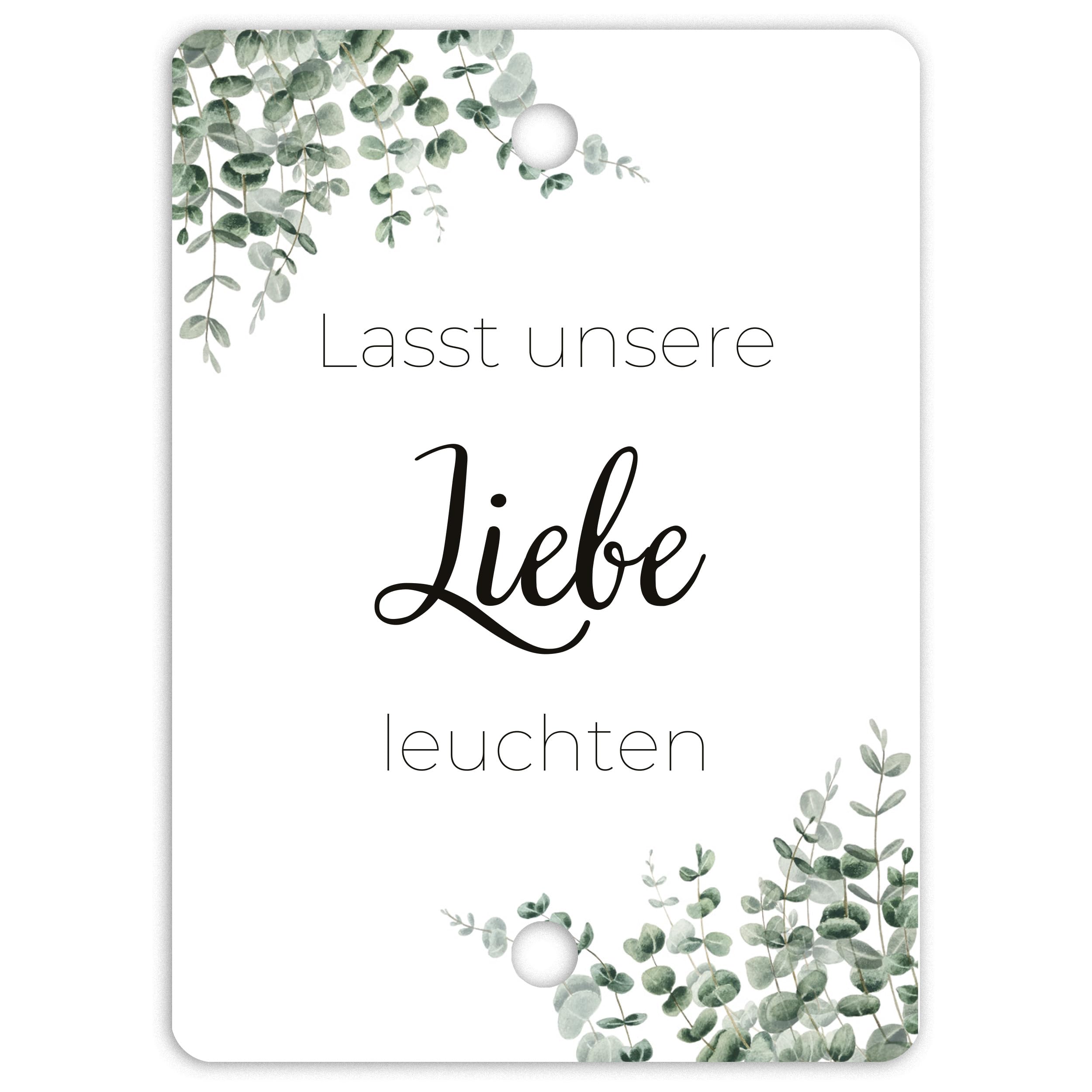 50x Lasst unsere Liebe leuchten Wunderkerzen Hochzeit Etiketten - Schöne, doppelt gelochte Kärtchen für Wunderkerzen und Knicklichter (Eukalyptus, 5 x 7 cm)