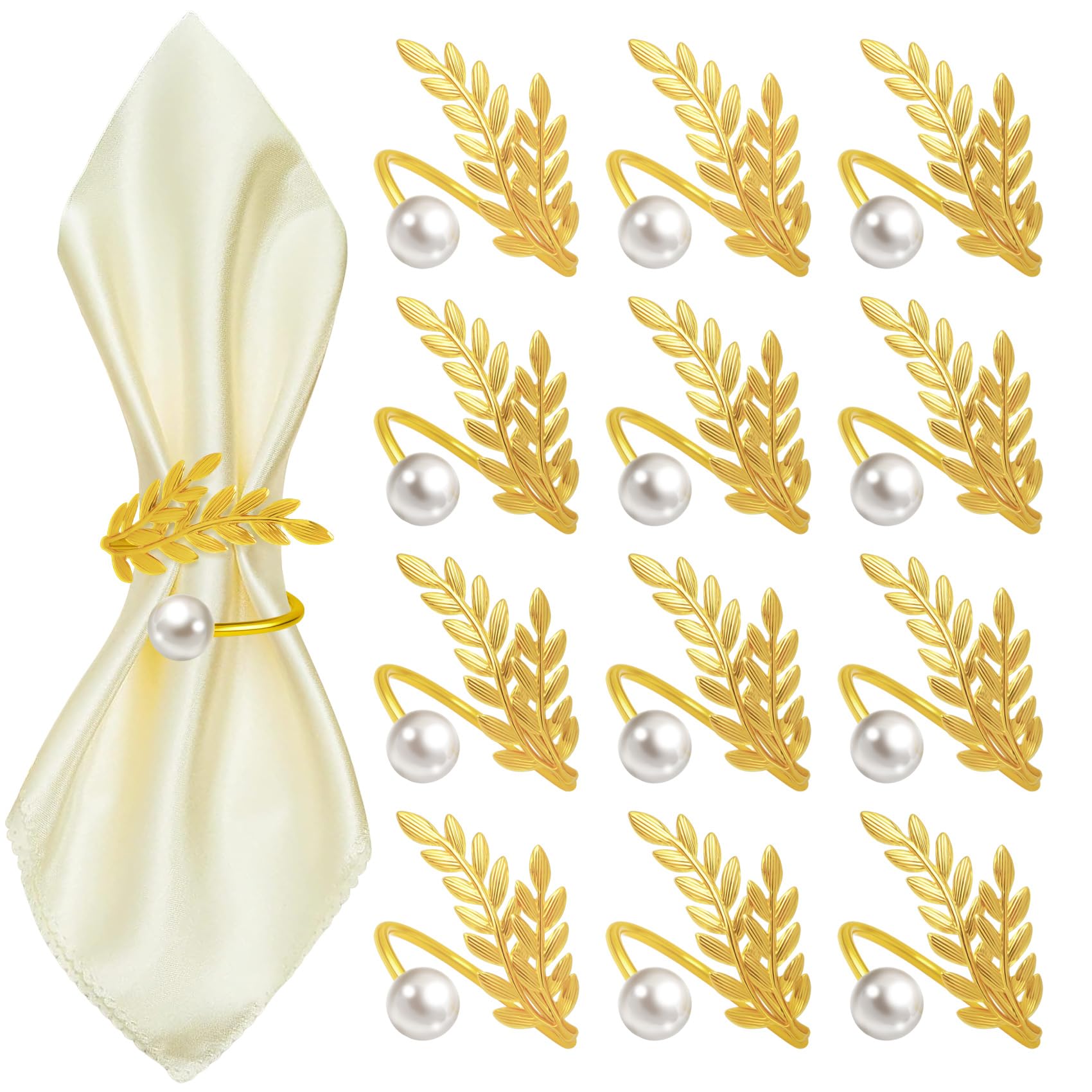 Keilend Gold Napkin Rings 12 Pcs Elegant Wheat & Pearl Napkin Holders, Metal Serviette Rings for Christmas Wedding Party Table Decorations