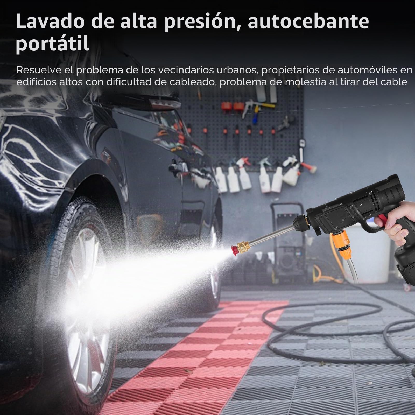 Pistola de Alta Presión Portátil, Hidrolimpiadora Bateria de 21 V, Presión Máxima de Agua 350 PSI, con 2 Baterías de 3000mAh y 5m Manguera, Lavadora a Presión Inalámbrica para Plantas y Coches