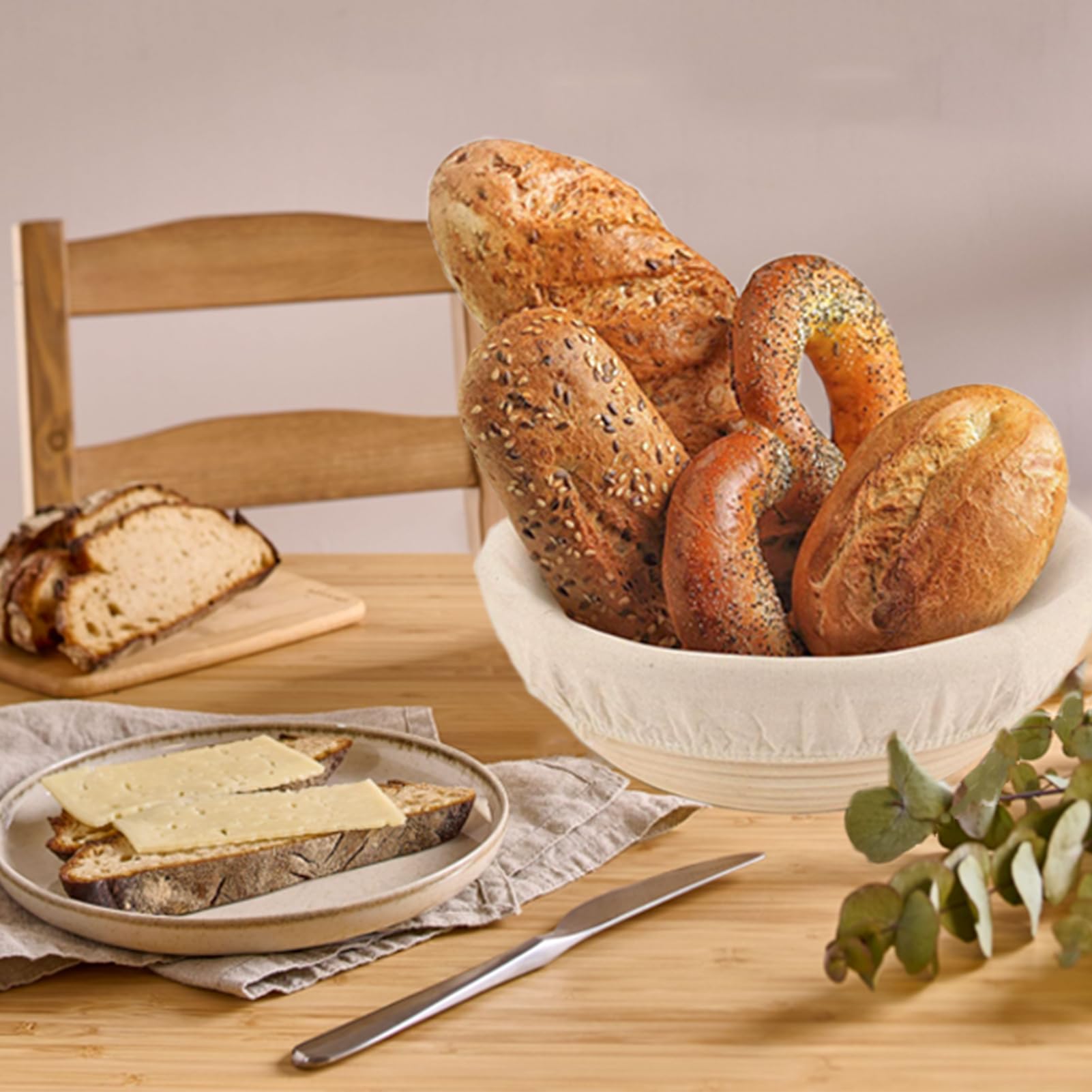 DeJivsin Gaarmand rond 23 cm, set met bannetonset, rijsmandje voor brood, set met borstel, broodmes, linnen doek, broodzak, gaarmandset voor brood bakken, inhoud 1 kg deeg