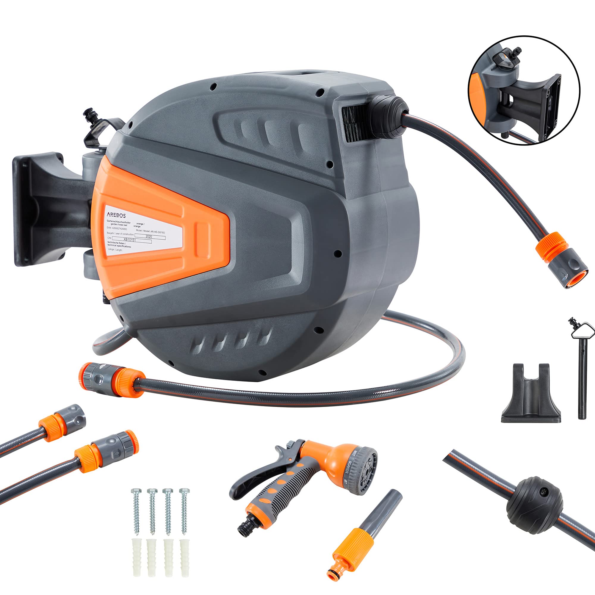 Arebos Carrete de Manguera de Jardín Automático | Enrollador de manguera | Carrete para Manguera | Manguera de Jardín 30 m | 180° Giratorio | Naranja